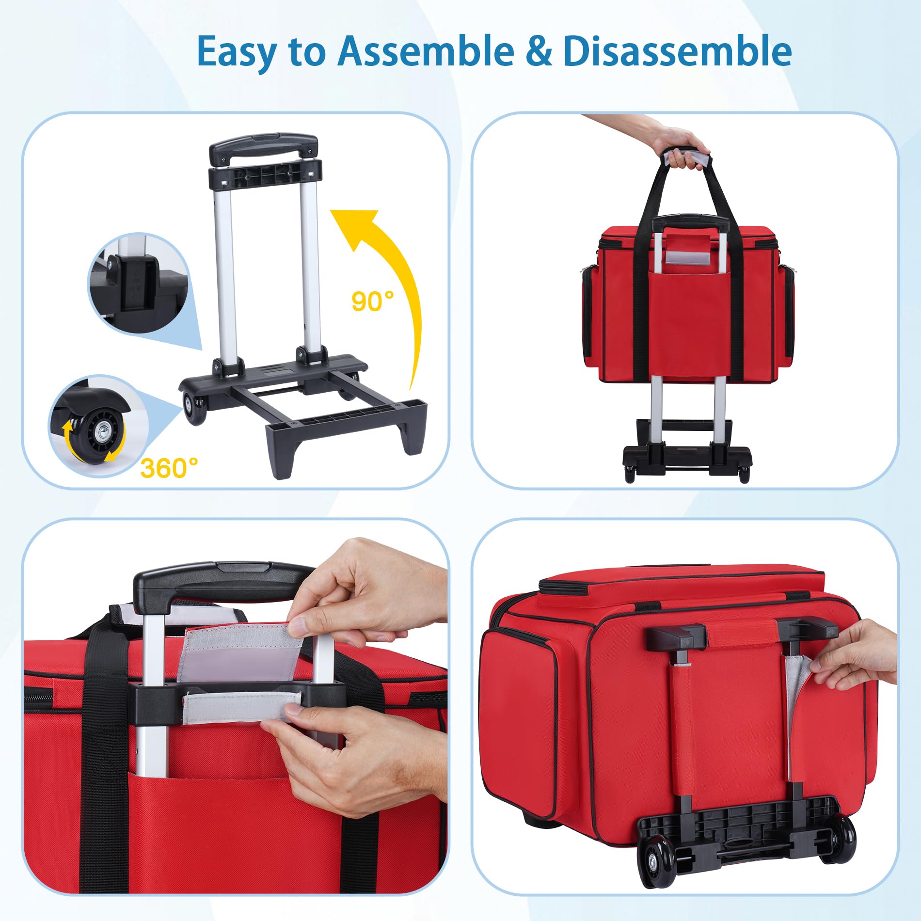 Borsa medica arrotolabile con carrello staccabile, borsa da infermiera con divisori rimovibili e sacchetti di stoccaggio, borsa per primo soccorso vuota per infermieri, medici, ambulatori, rossa
