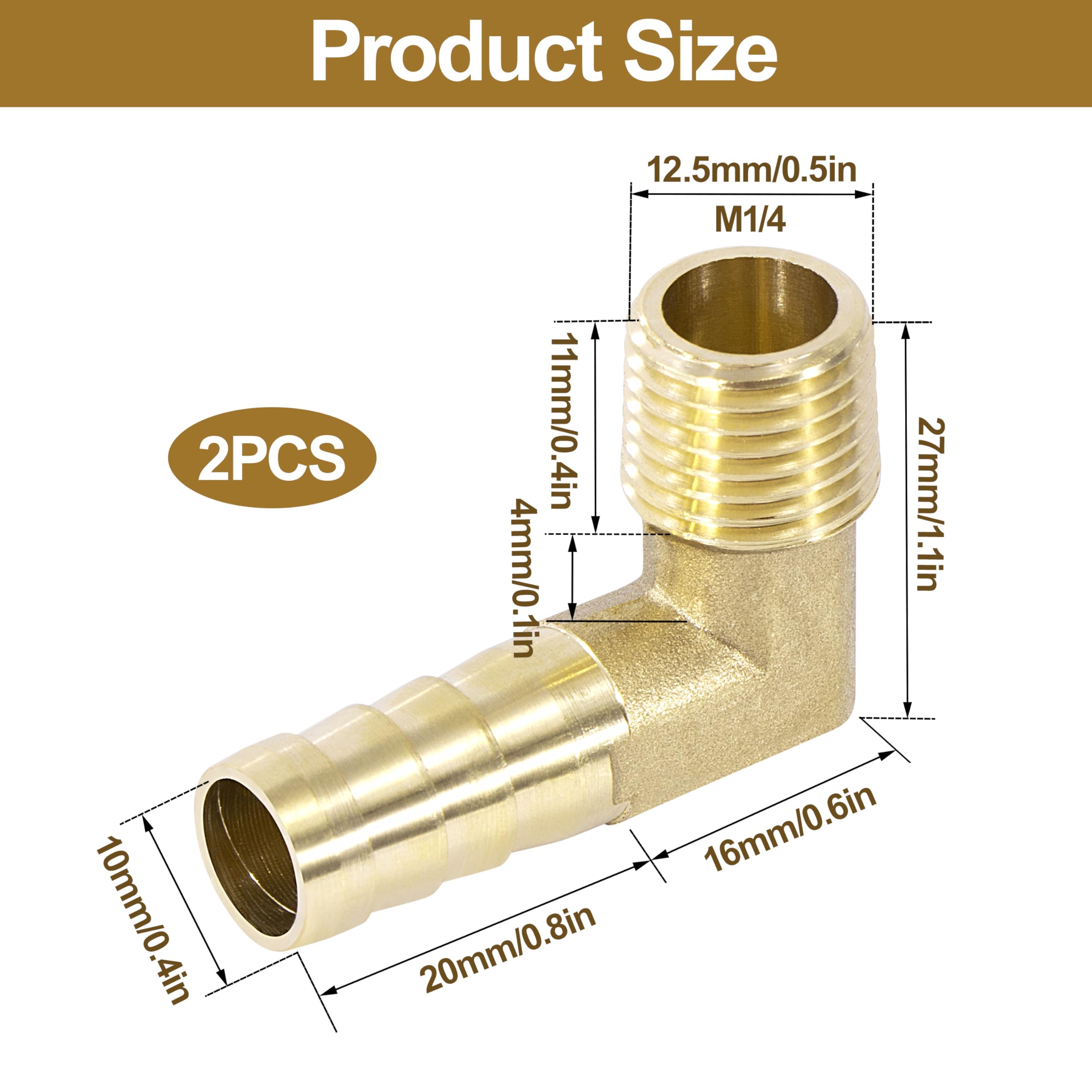 Connector de Manguera de Lengüeta, Codo de 90 Grados Acople de Latón, 2 PCS 10 mm 1/4" Macho, Adaptador de Tubo Accesorios para Agua, Gas, Aceite
