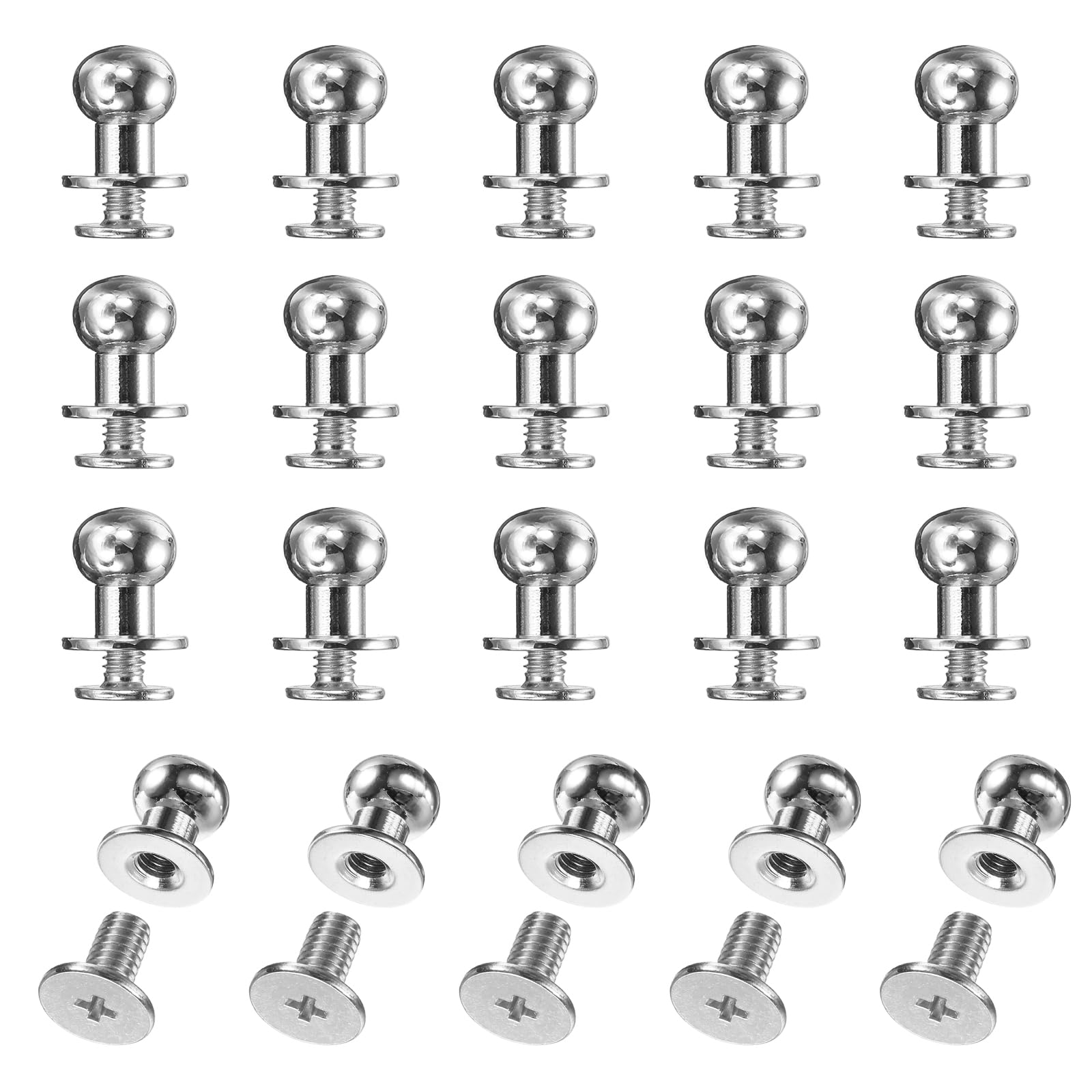 sourcing map 20set Round Head Button Stud Screw 9mm Brass Chicago Screws Button Stud Rivets for Leather DIY Craft Leather Belt Wallet Handbag Repairs Decoration, Silver White