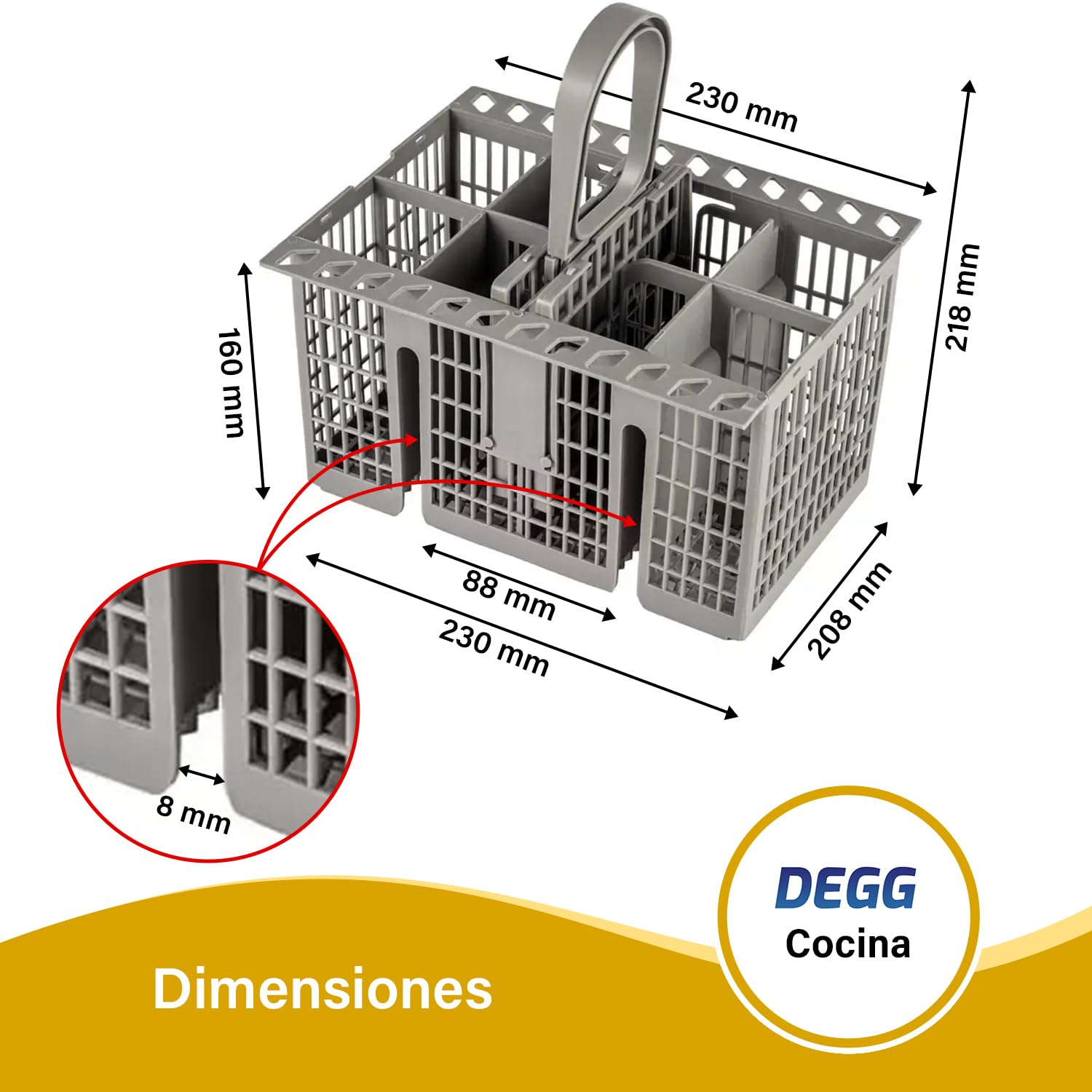 DEGG® Cesta Universal para Cubiertos de Lavavajillas | Cesta para Lavavajillas, Cesta para Cubiertos con Asa y Compartimentos, Resistente al Calor