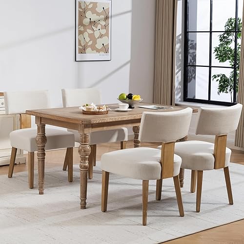 Miniatura 26 de Juego de 4 sillas de comedor tapizadas de ratán, sillas de comedor estilo de mediados de siglo moderno con tela, con estructura de madera dura Marco