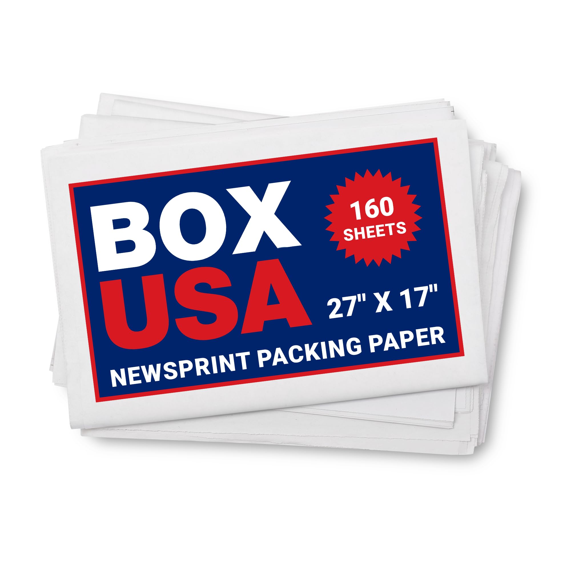 BOX USA Packing Paper Sheets 27" x 17" (160 Sheets, 5 lb) - Newsprint Paper for Shipping, Storage and Moving Supplies, White