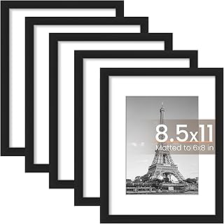 upsimples 8.5x11 Picture Frame Set of 5, Display Pictures 6x8 with Mat or 8.5x11 Without Mat, Wall Gallery Photo Frames, B...