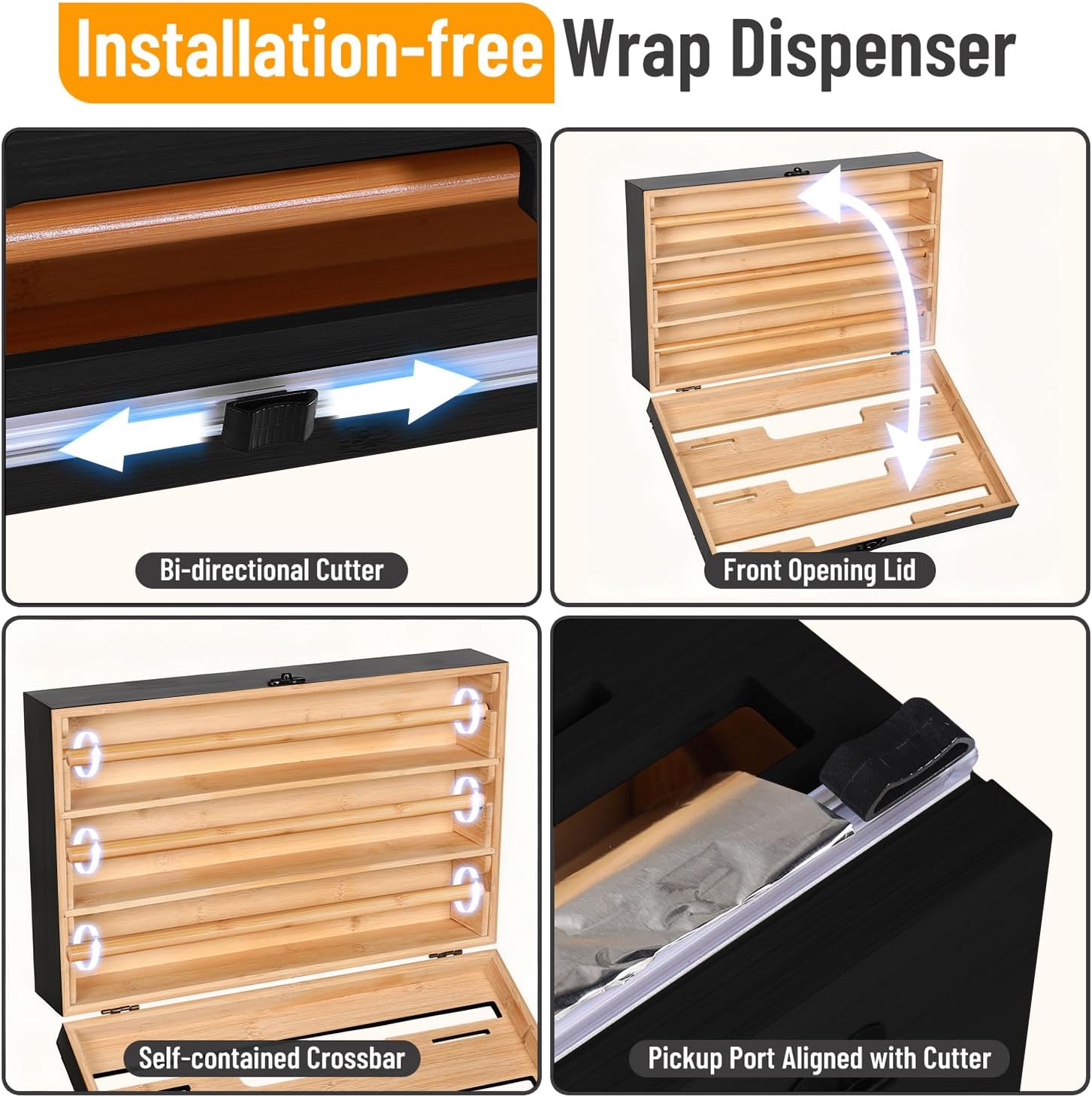 Allinside Magnetic Plastic Wrap Dispenser with Cutter, 3 in 1 Refrigerator Bamboo Wood Organizer for Tin Foil, Baking, Wax Paper Holder Kitchen Storage Box Compatible with 12.9" Roll, Black (3 Layer)