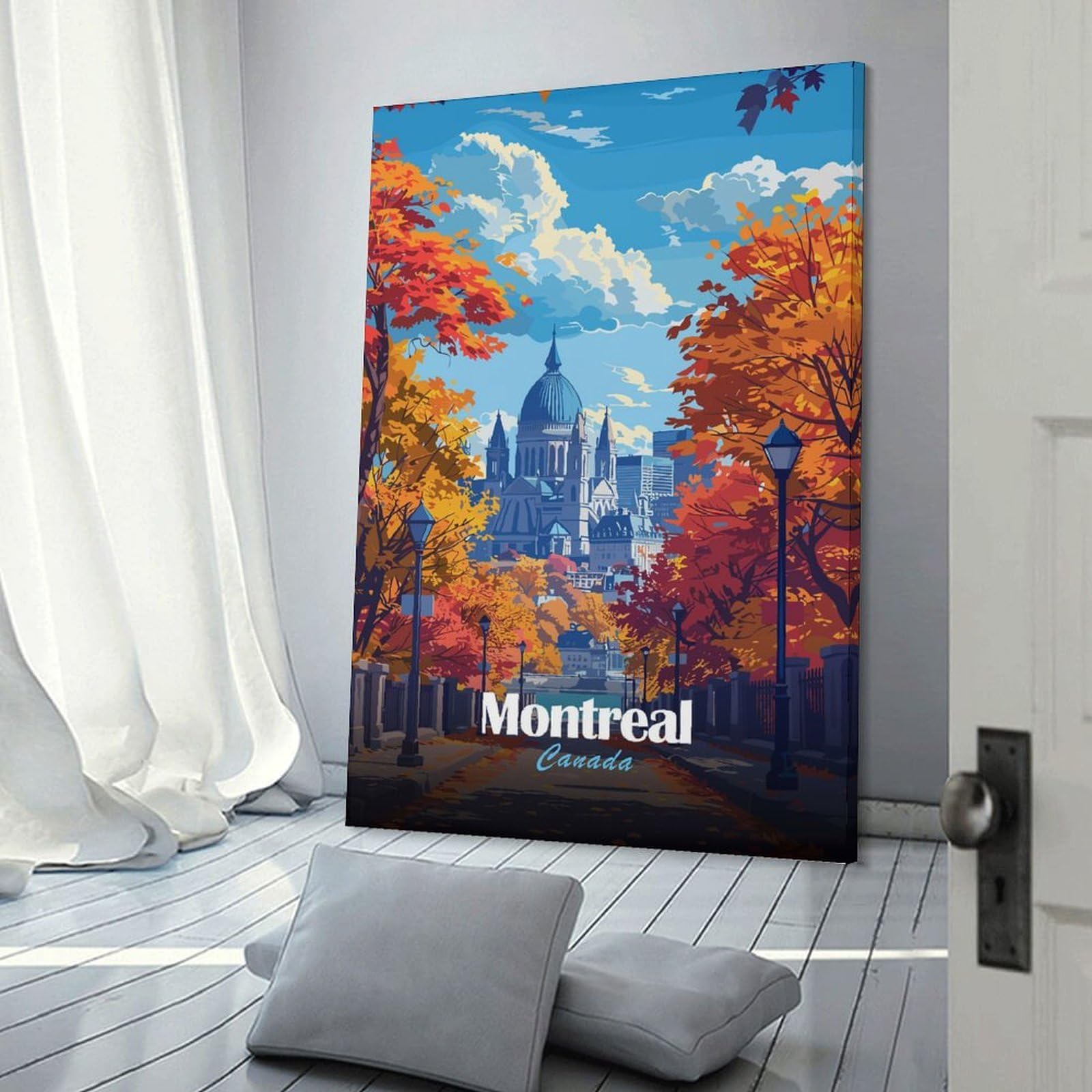 Junmoney Montreal Canada Autumn Cityscape Illustration Wall Art Print 24x36inch(60x90cm), for Hallway, Entryway Or Landing, Wall Decor to Refresh Empty Corners, for Cosy Room Updates
