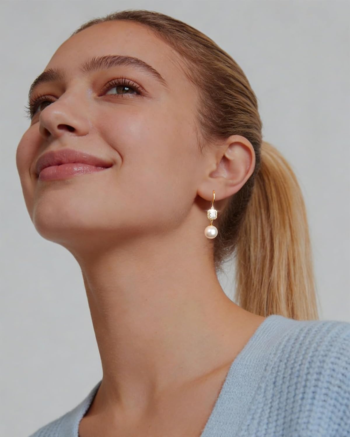 Pearl Drop Earrings 10mm White Round Pearl Hook Earrings, Sterling Silver with White Gold Plating/14k Gold Hypoallergenic Multiple CZ Styles Valentine's Day & Wedding Gifts Gold Jewelry for Women