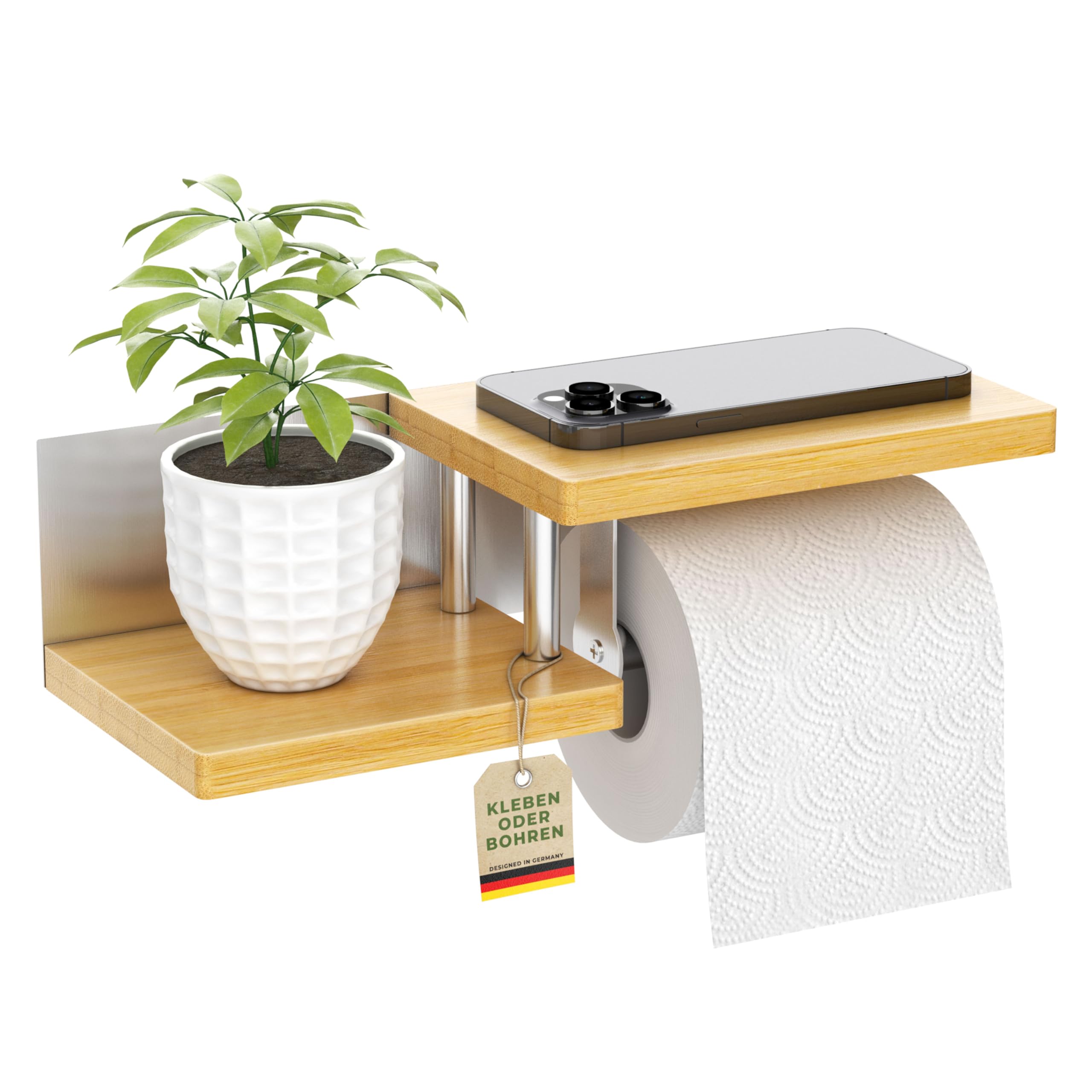 ElbFuchs® Toilettenpapierhalter Holz Bambus [KLEBEN oder Bohren] | hochwertiger Klopapierhalter ohne Bohren mit Ablage | Edelstahl | Klorollenhalter | WC Rollenhalter