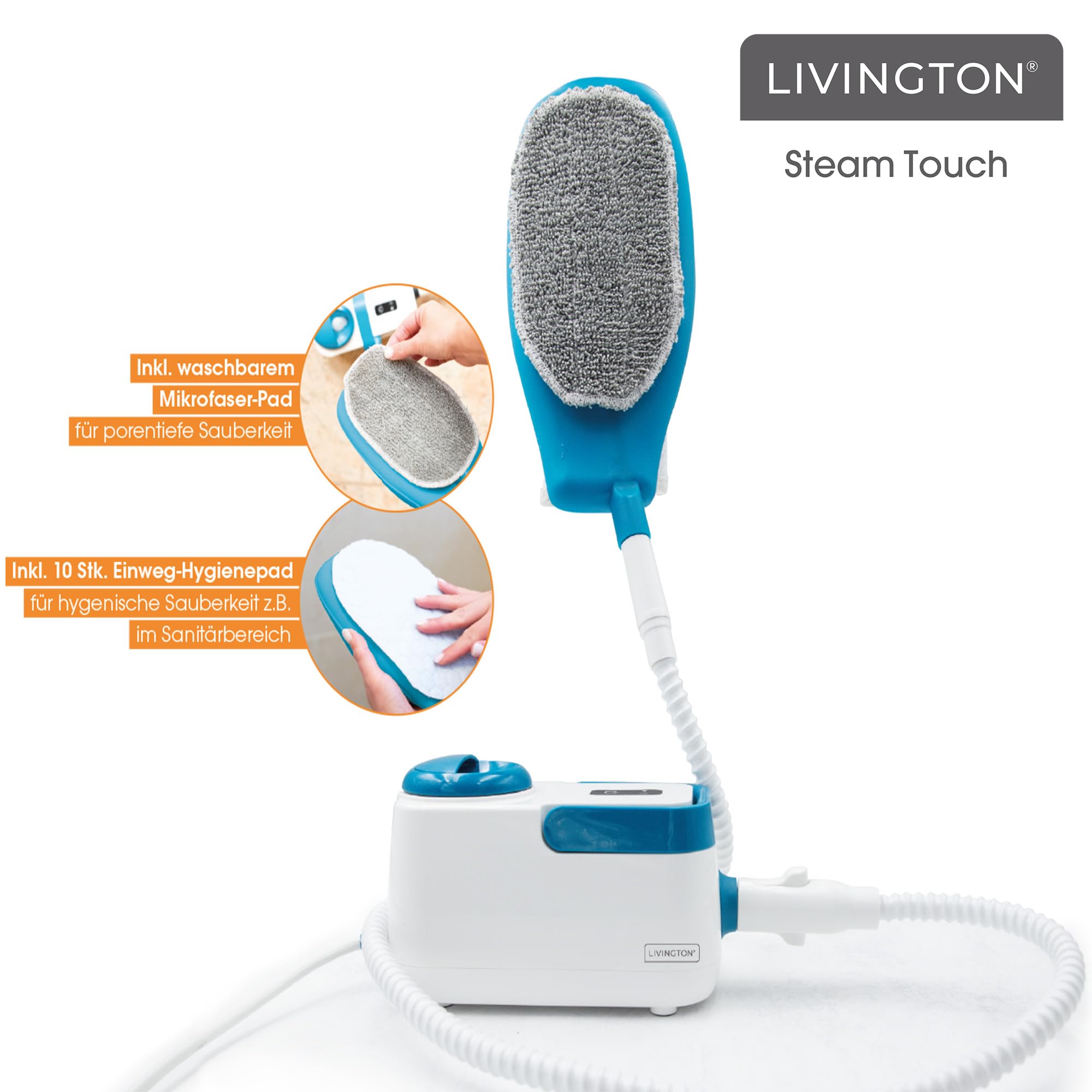 Livington SteamTouch - ergonomischer Handdampfreiniger - Dampfreiniger Handgerät gegen Schmutz, Gerüche, Keime, Bakterien - Reinigung für Küche, Bad, Polster - Steam Cleaner für hygienische Sauberkeit