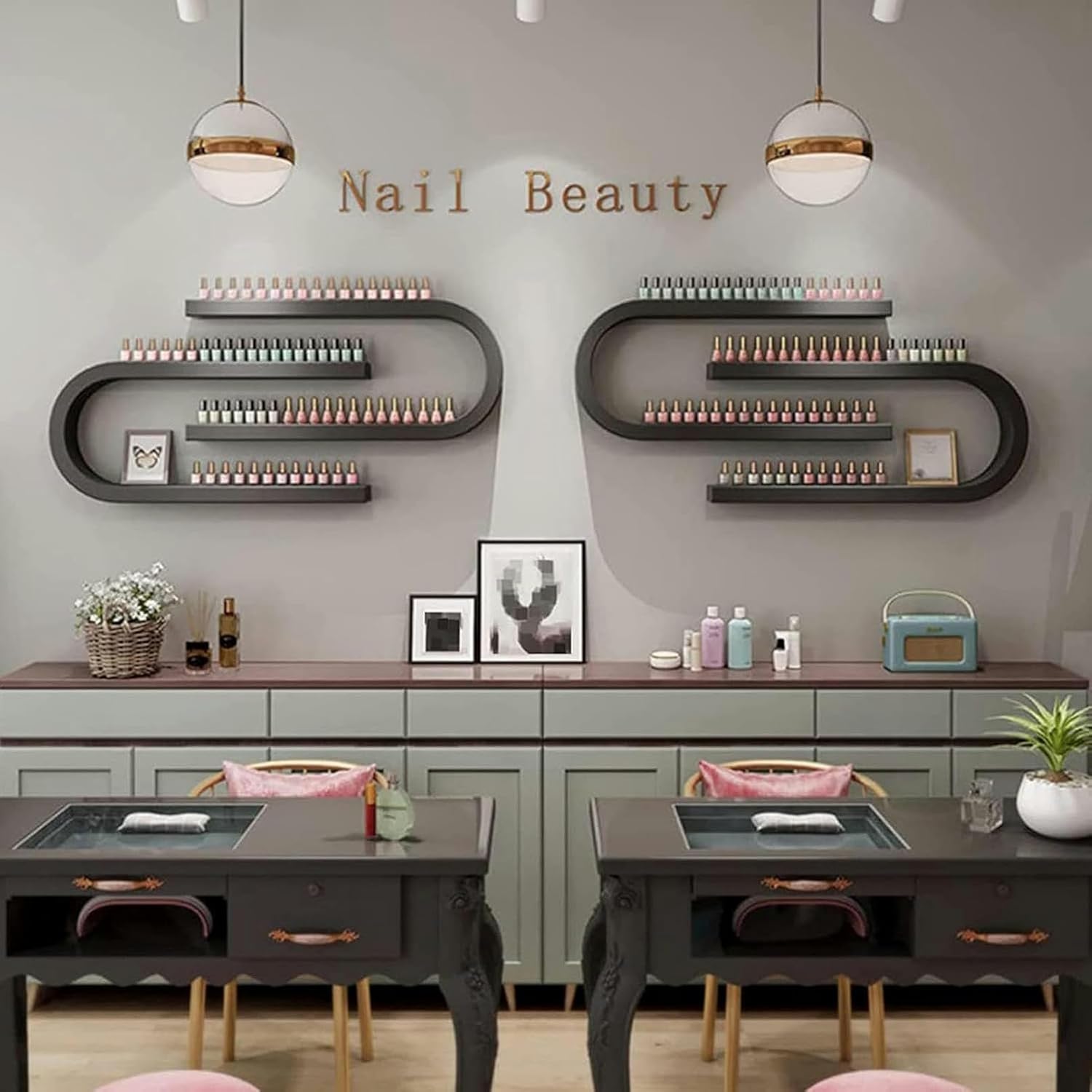 U-Shaped Essential Oil Perfume Storage Rack, Wall-Mounted Polish Storage Shelves Organizer, Multifunctional Salon/Beauty/Nail Shop Organizer Holder, Nail Polish Rack(Black,4)