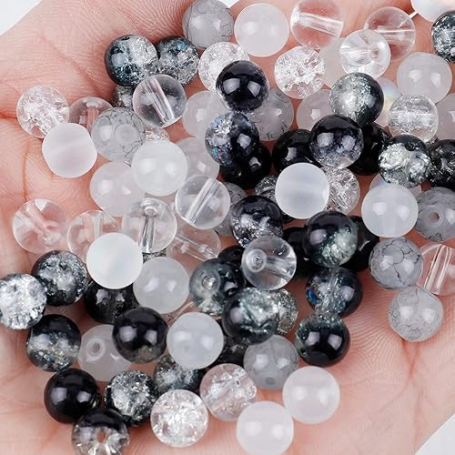 100 cuentas de vidrio para la fabricación de joyas, mezcla de cuentas de cristal negro agrietado de 0.315 pulgadas (0.315 in), cuentas de cristal