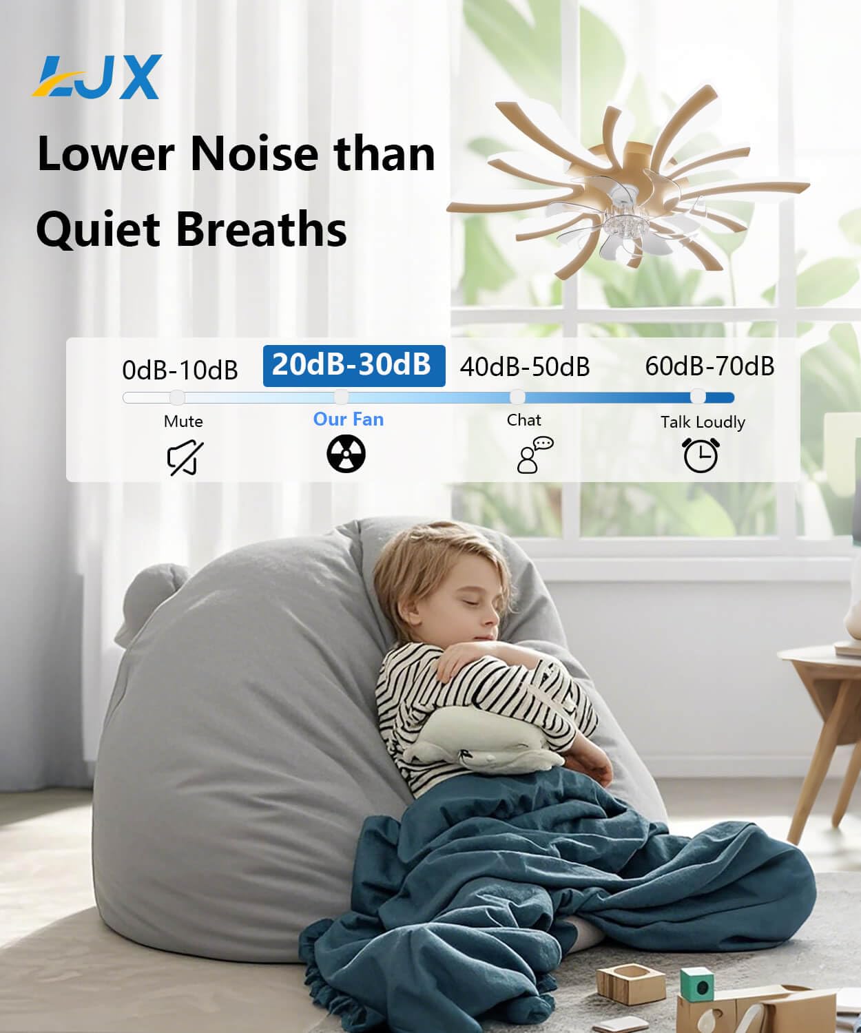LJX Lampa sufitowa z wentylatorem, kompatybilna z Alexa i Google Assistant Dc, 78 cm, lampa sufitowa z wentylatorem, cicha praca zimowa/letnia, ściemniana, do sypialni, kuchni, złota