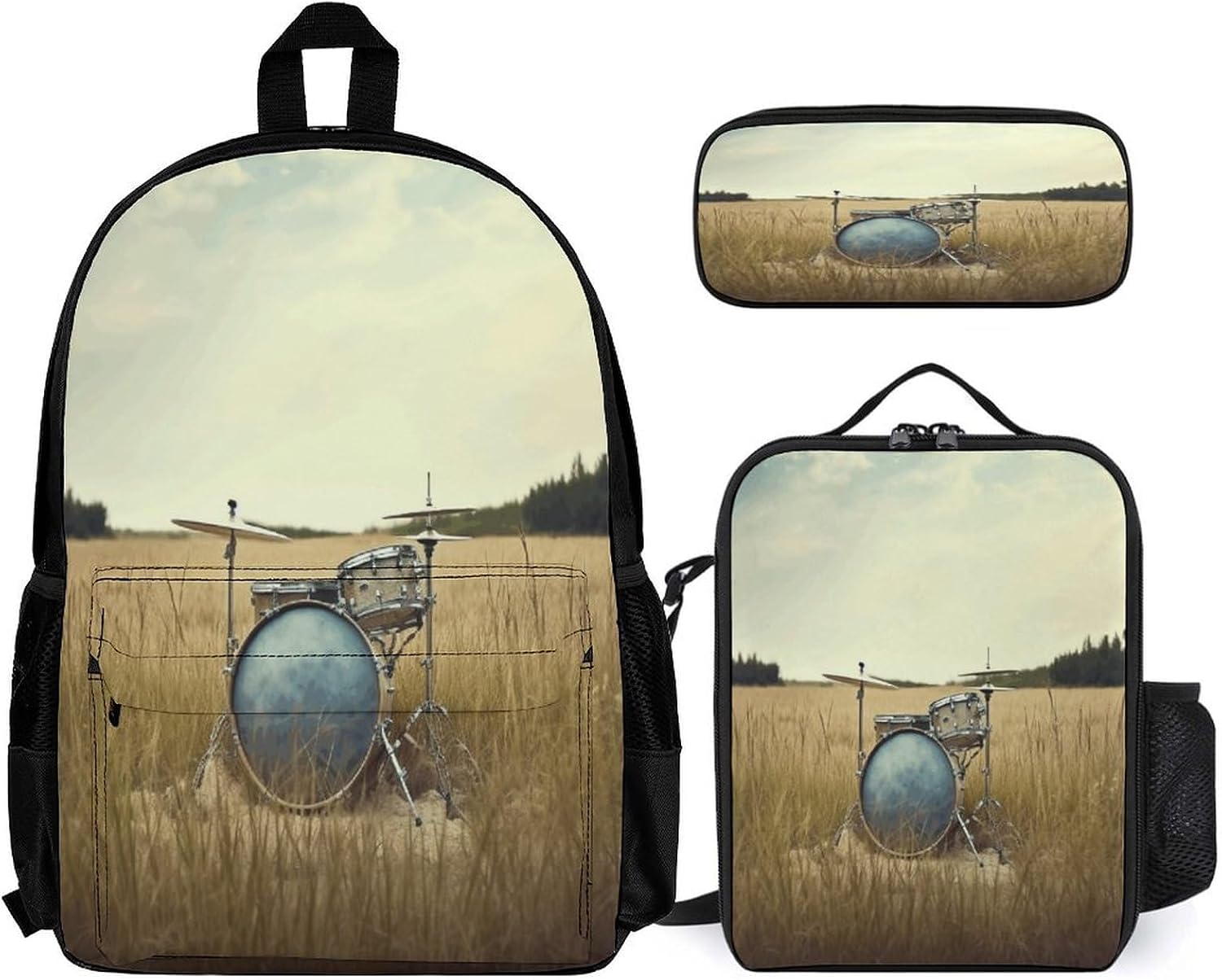 Cute Lunch Bag Backpacks Combo Set, Music Drum in Field Print Backpacks for Travel,adult Lunch Bag,3-in-1 Backpack Combo Set