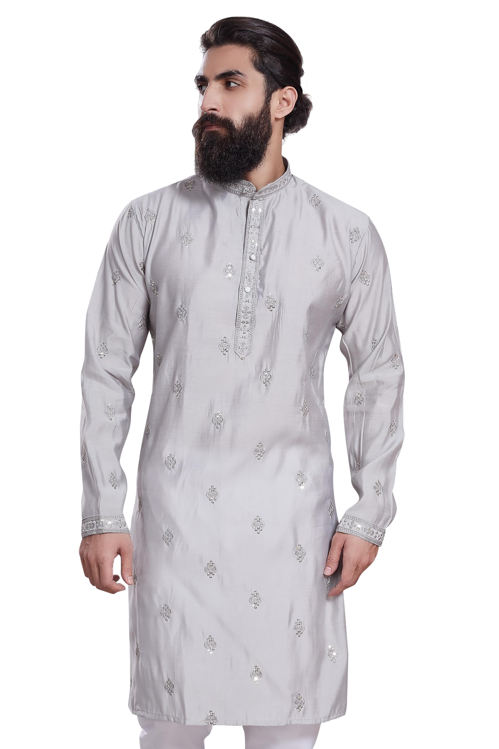 Divisive Men's Embroidered Cotton Silk Blend Only Slim Fit Kurta (Dkrt212_S_Grey)