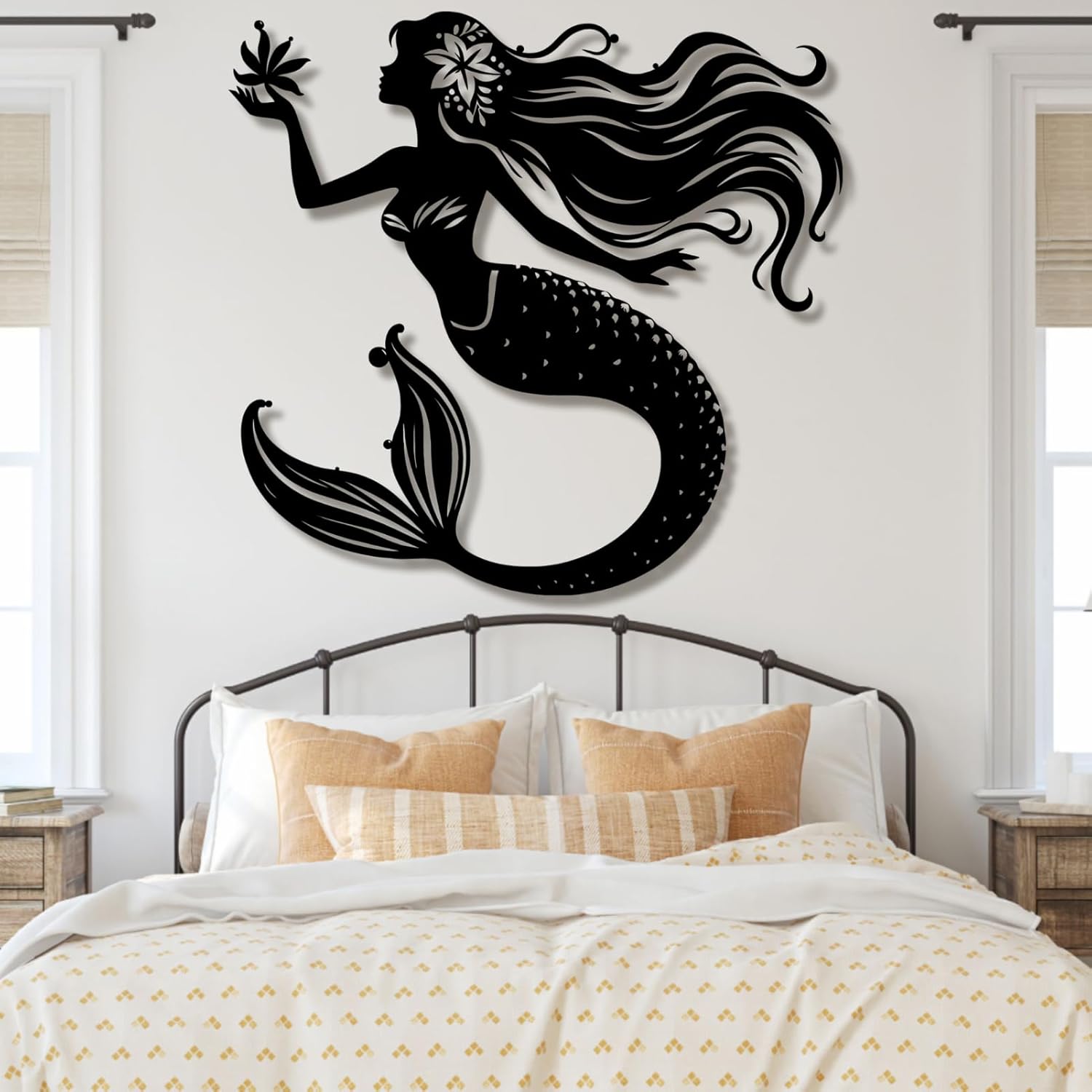lunwall Metal Mermaid Wall Decor,Metal Mermaid Wall Art,Mermaid Large Wall Decor,Ocean Metal Wall Decor,Ocean Theme Nautical Decor,Metal Wall Art (Style 2, black, 28" W x 25" H / 70 x 64 cm)