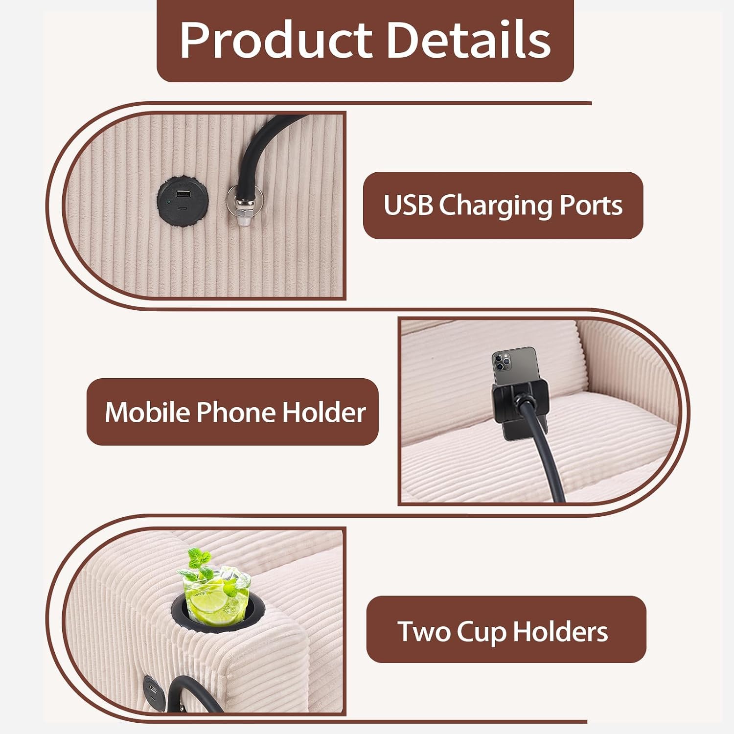 HAOMARKETS 3-in-1 Convertible Loveseat Sleeper Sofa Bed with USB Ports, 2-Seat Pull Out Couch with Phone Holder and Cup Holders, Corduroy 3-Level Adjustable Backrest Bed Couches for Living Room, White