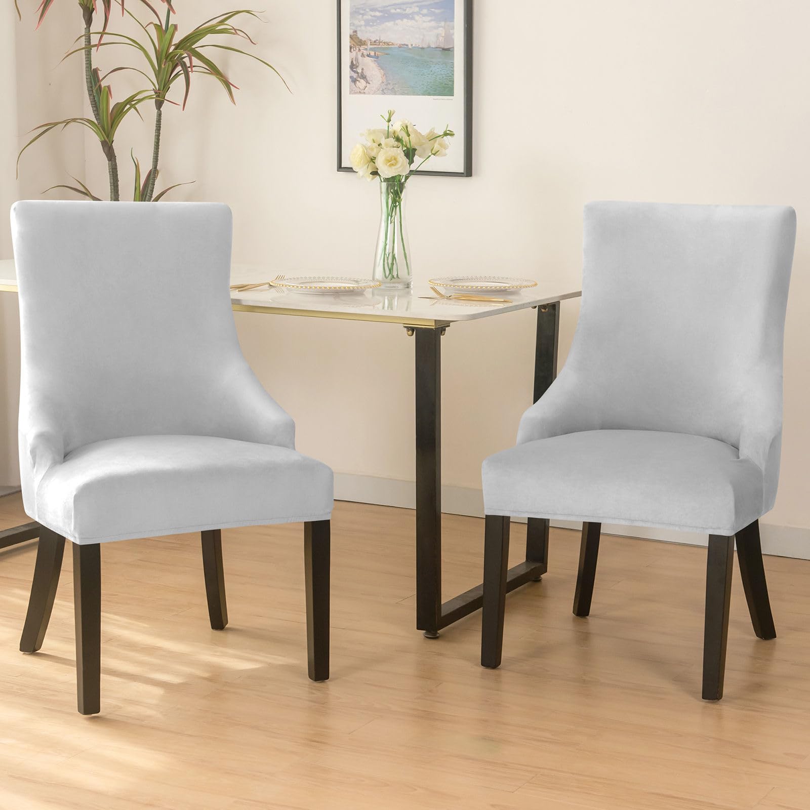 Lot de 2 housses de chaise amovibles en velours doux gris clair à ailettes pour salle à manger, salon, décoration d'intérieur, hôtel, réception