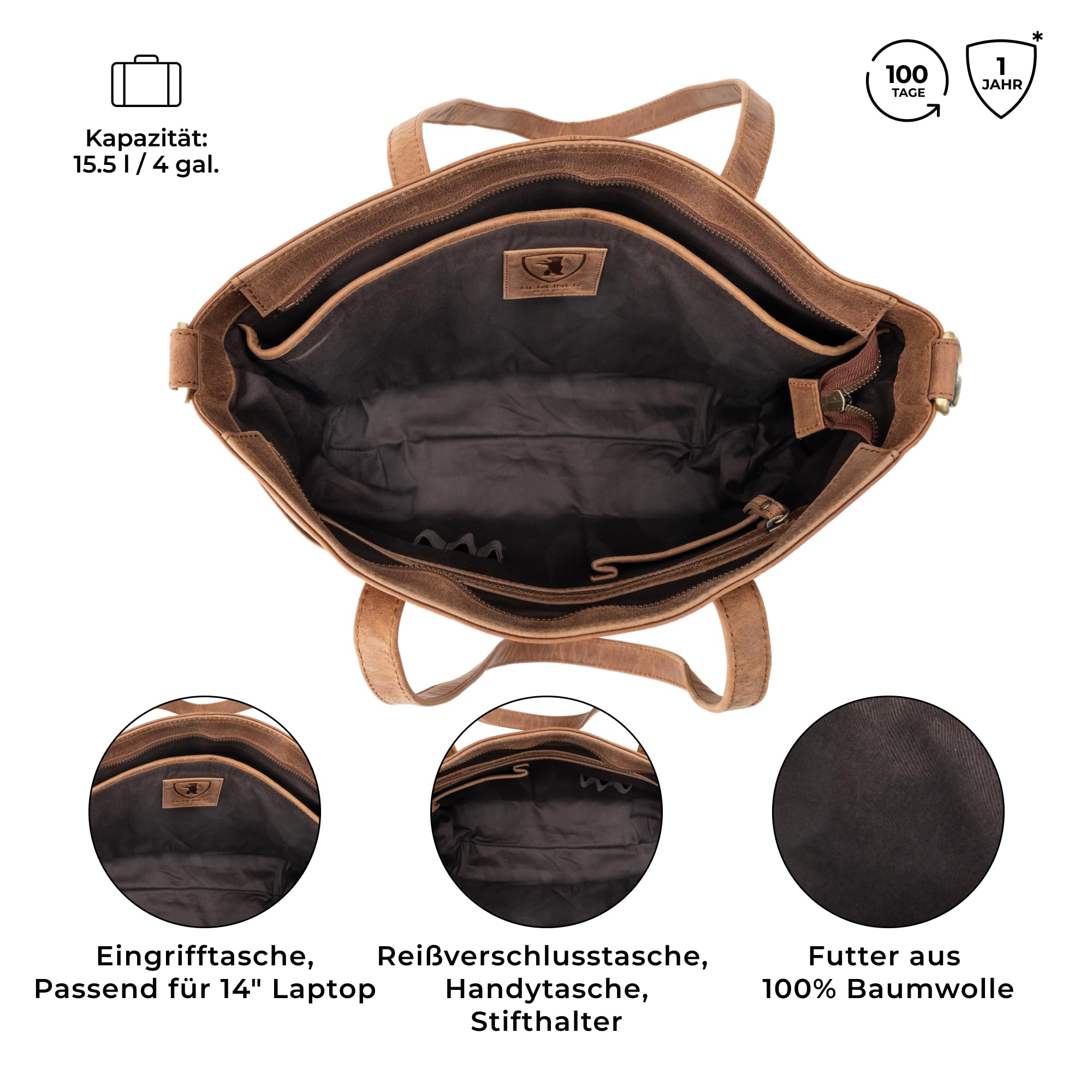 Berliner Bags Vintage Arbeitstasche Julia, Große Umhängetasche aus Leder, Schultertasche mit 14" Laptopfach, Handtasche für Damen