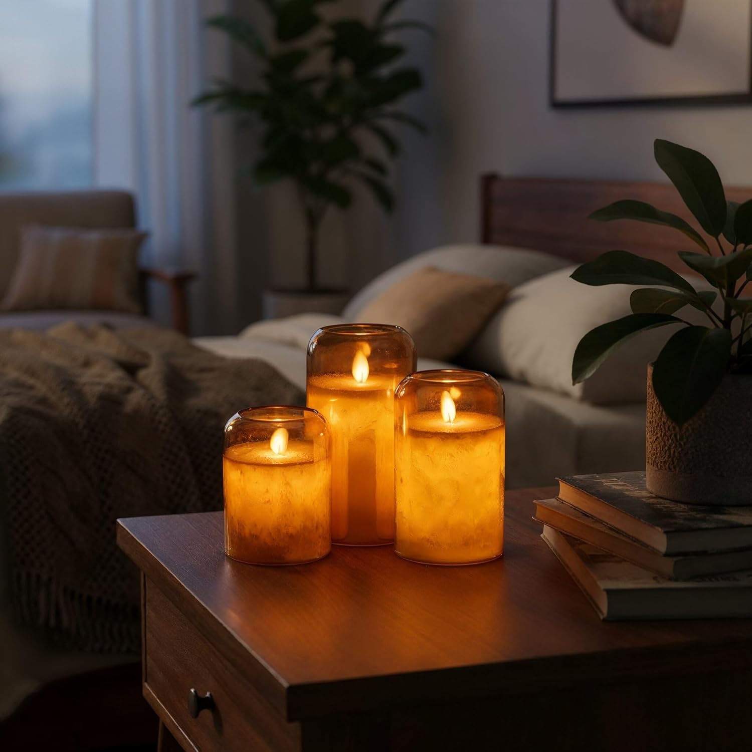 WYZworks Dual LED Flameless Pillar Candles Set of 3, Wick Flickering Flame, Full Body Glow Real Wax Frosted Mirrored Glass Hurricane, Remote & Timer, Battery Operated (Batteries Included) Gold