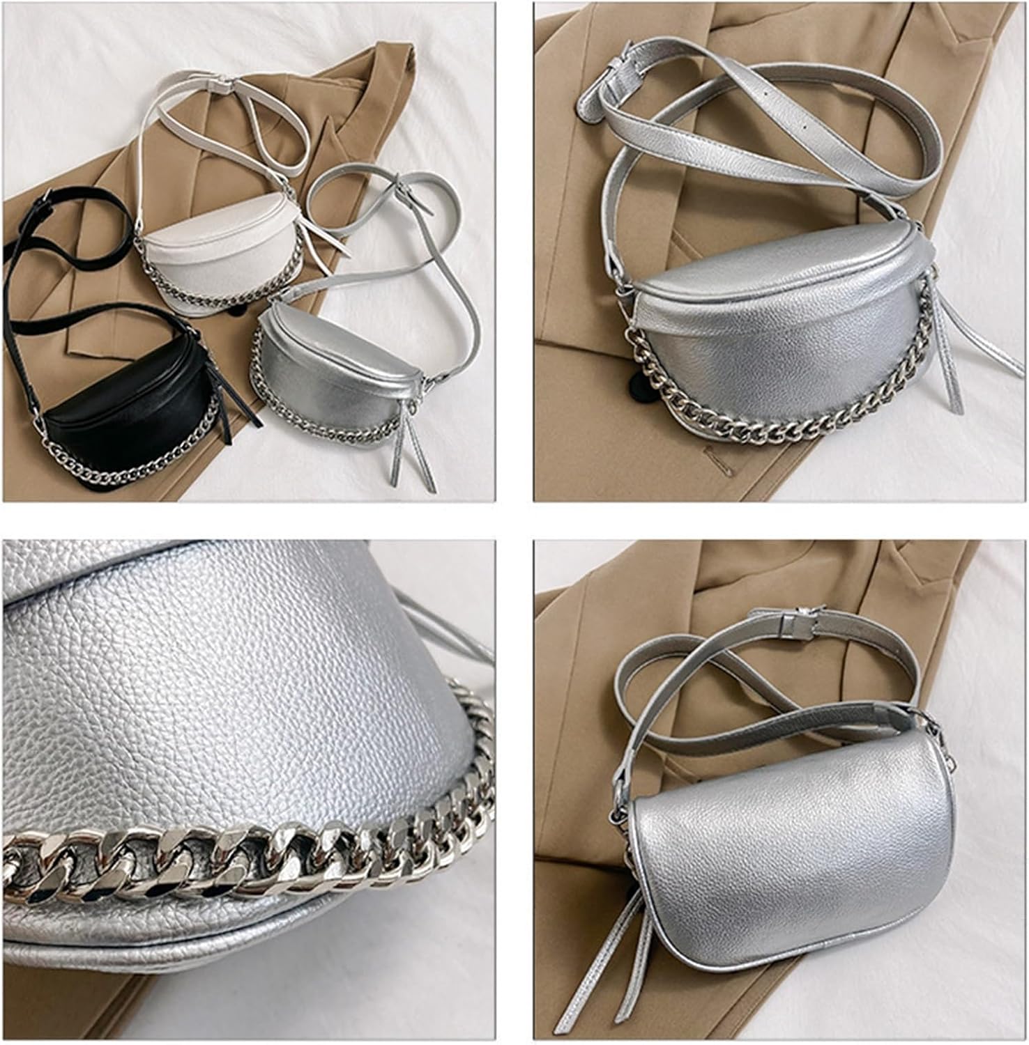 レザーファニーパック レディース メンズ ファッション スリング クロスボディ バッグ トラベル トリップバッグ, シルバーチェーン