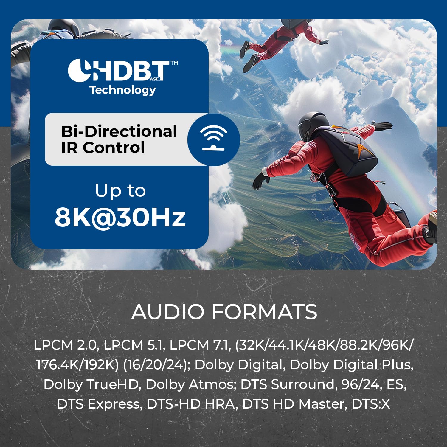 OREI Câble d'extension HDMI sur Ethernet 4K @ 120 Hz - HDBaseT UltraHD 8K @ 30 Hz CAT6/7 - Contrôle HDR, CEC et IR, RS-232 - 120 m avec câble d'alimentation et sortie