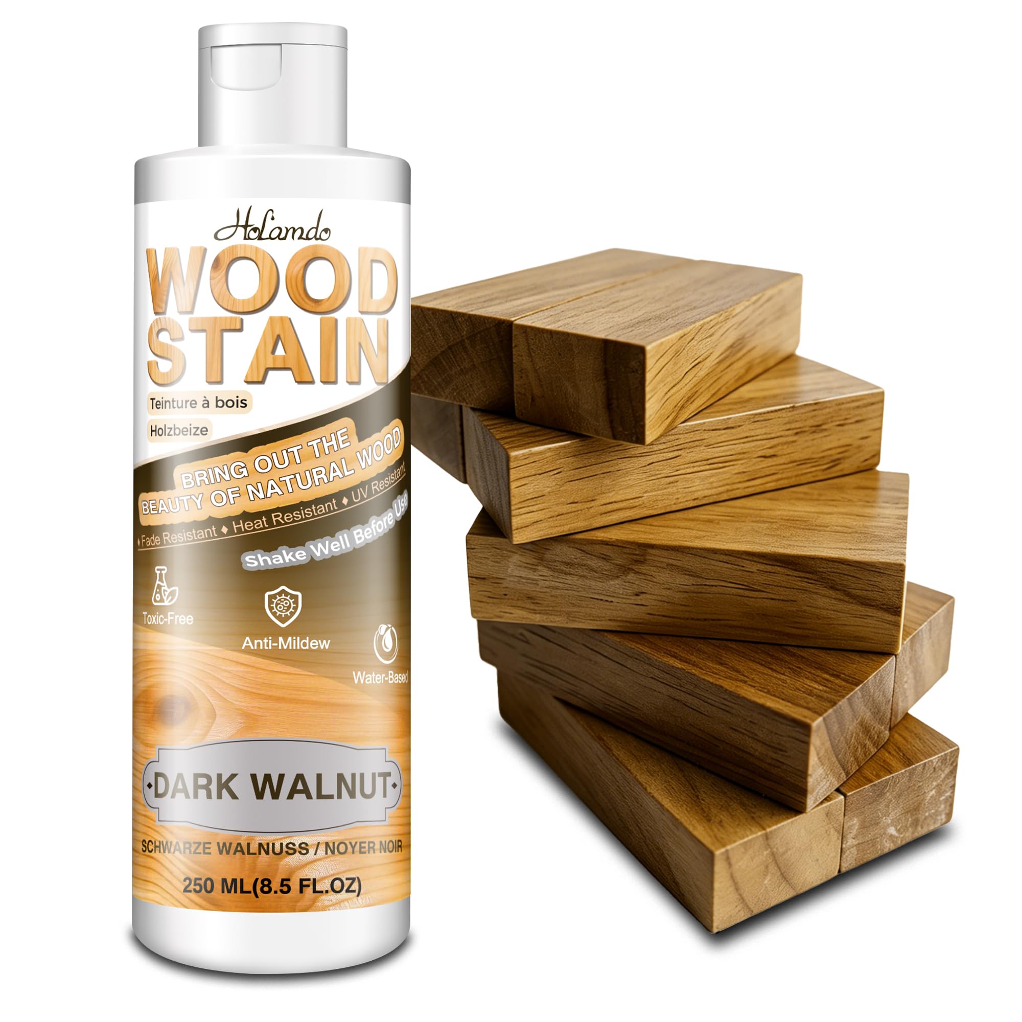Water Based Wood Stain 250ml, Dark Walnut – Indoor Outdoor Furniture Stain & Wood Varnish for Doors, Windows, Paneling & Cabinets, Low Odor Non-Toxic, Fade Resistant, Multiple Finishes