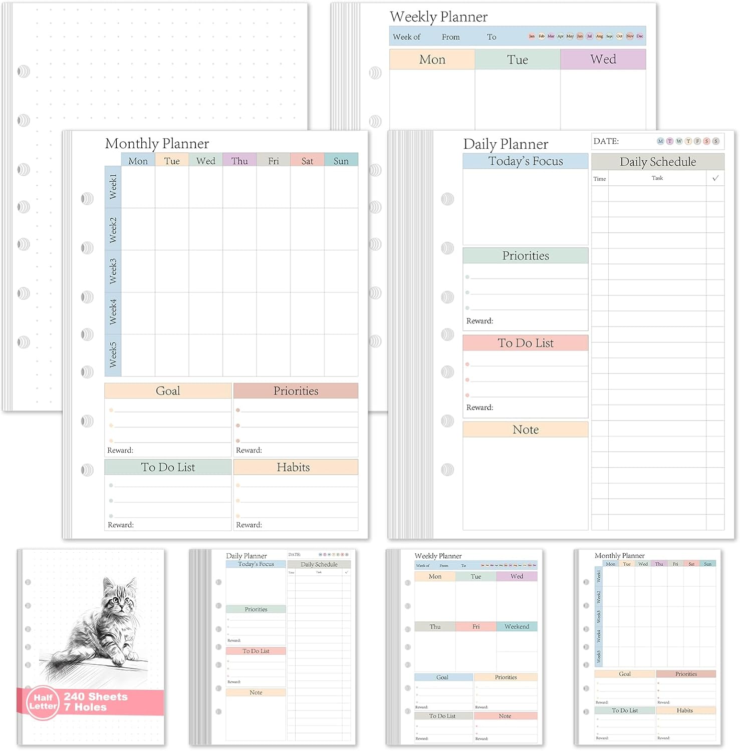 Junior Size Planner Undated Refill Pages for 6 Months Planner Inserts for 3/7 Ring Binder Daily Weekly Monthly 240 Sheets/480 Pages Undated Planners To Do List Refill Paper 120 GSM 5.5" x 8.5"