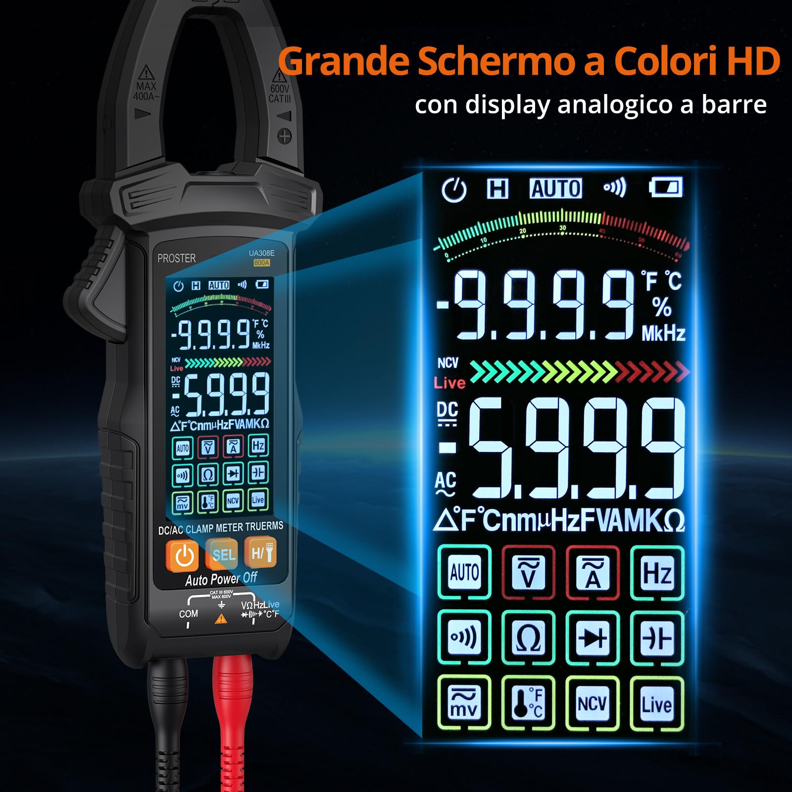 Proster Pinza Amperometrica Intelligente a Nero Auto-Ranging 800 AC/DC Tensione e Corrente 6000 Conti Test di Resistenza Diodo Capacitanza Temperatura 10MHz LIVE NCV con Display Analogico a Barre