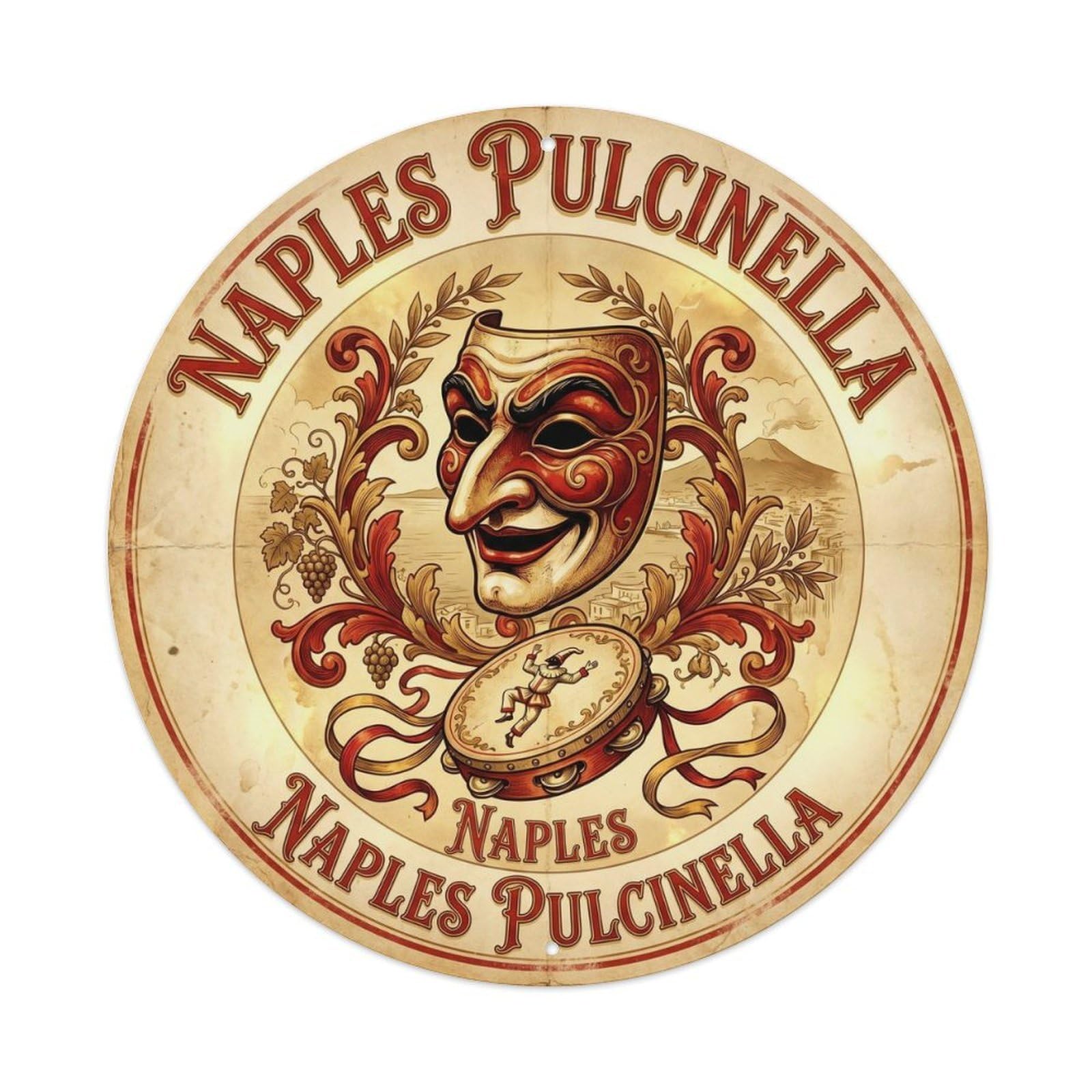 Pulcinella Tambourine Culture Naples Travel Metal Tin Sign