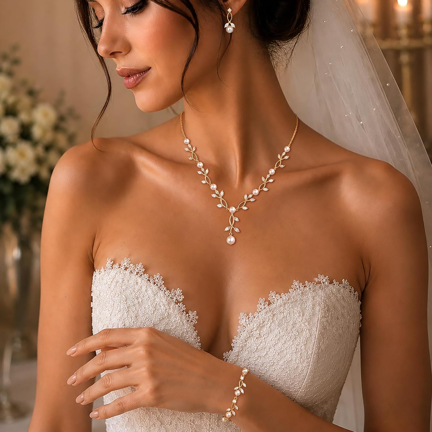 Zeffy Wedding Jewelry Sets for Bride Gold Pearl Statement Necklace Crystal Leaf Bracelet Dangle Earrings Bridesmaid Prom Party Costume Accessories