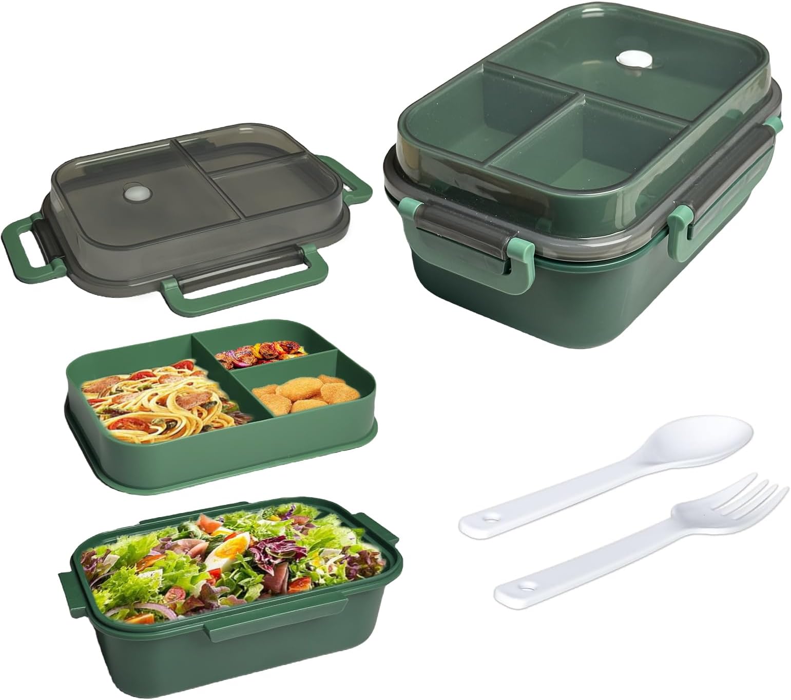 Echehi Portable Lunch Boxes, 2 Layers All-in-One Stackable Lunchbox Utensil Set for Dining Out, Work, Picnic. Green