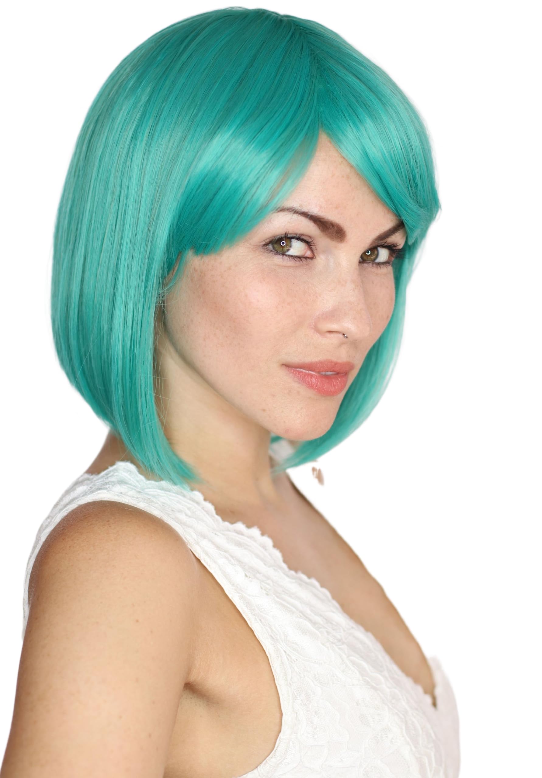 Prettyland ladies turquoise-green short chin-length natural like human hair short hair BOB straight anime wig Turquoise short green Wig C435 - Image 2