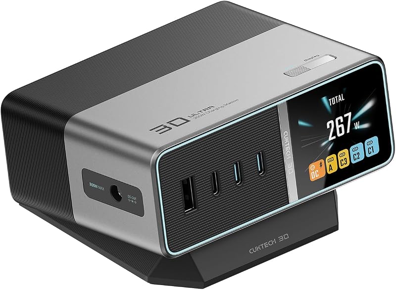 Estación de carga de escritorio 30 Ultra, 300 W Max DC y cargador USB C de 140 W, cargador rápido GaN de 5 puertos, compatible con iPhone, Galaxy, MacBook, Razer, Dell para oficina en casa, accesorios de escritorio para juegos