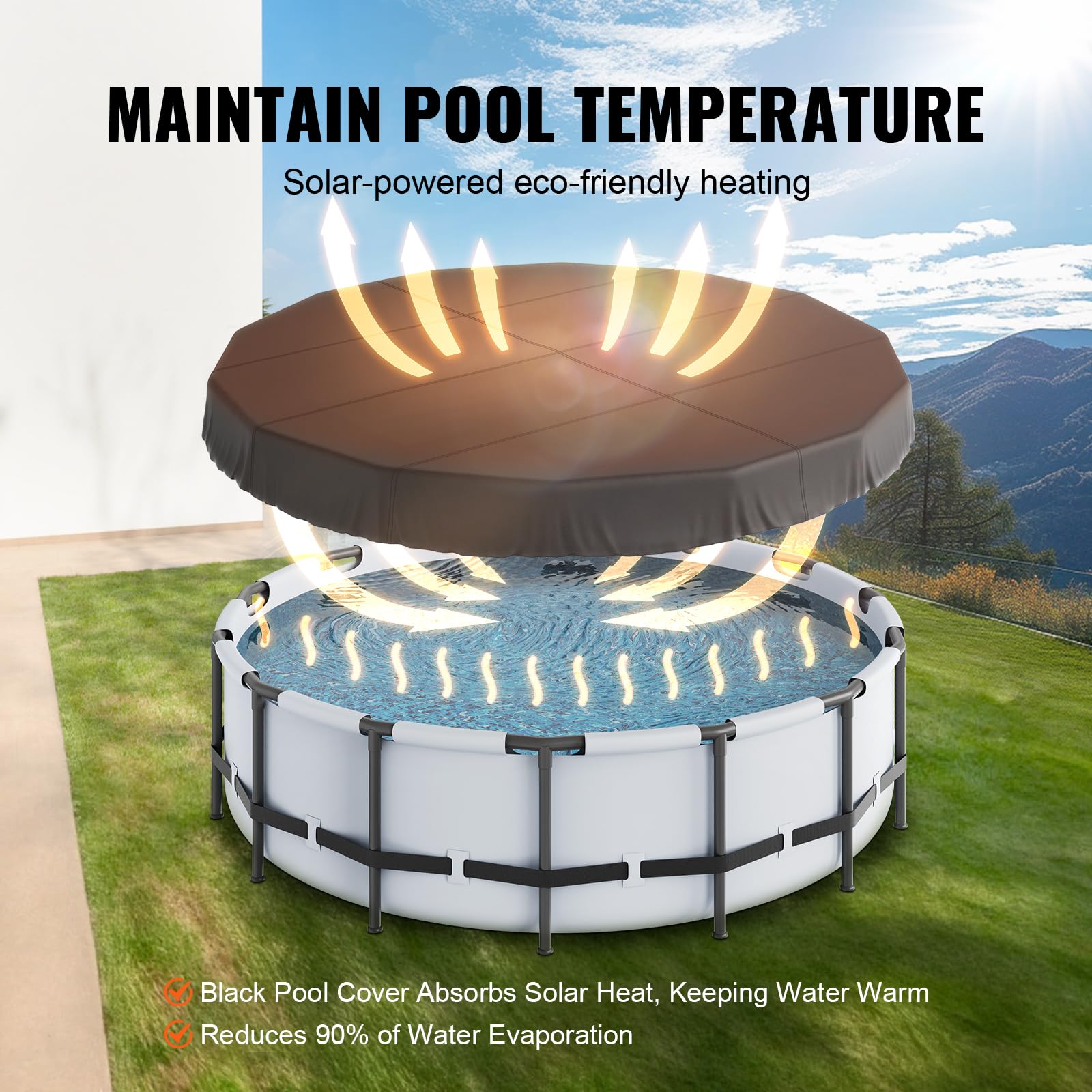 VEVOR Cobertor Redondo para Piscina Cobertor Solar para Piscina elevada 4,57m Cobertor de Seguridad para Invierno Tela Oxford 420D Cordón Impermeable Resistente al Sol para protección de Piscina Negro