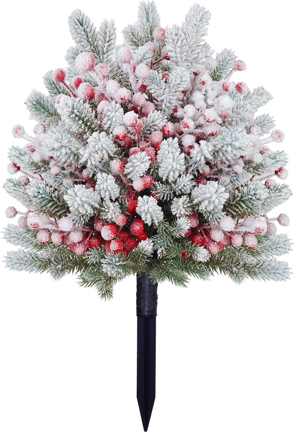 23-Inch Artificial Christmas Shrub Tree with Snow-Frosted Red Berries and Pine Branches, Featuring a Ground Stake Stump for Outdoor Yard and Front Door Planter Winter Decoration