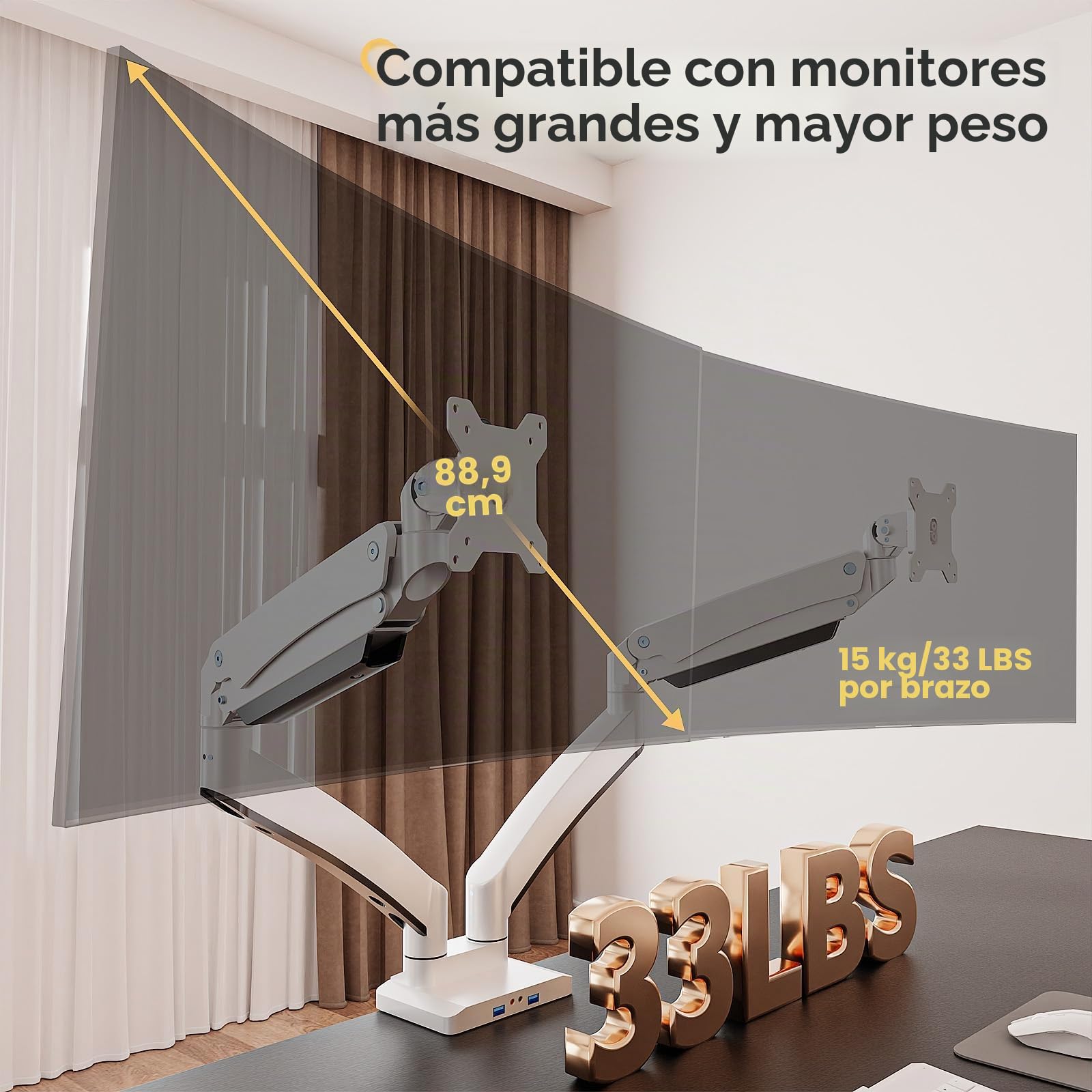 PUTORSEN Soporte Monitor Double para Pantalla Plana y Curvada de 17"-35", Brazo Monitor Doble de Gas con Altura Regulable con inclinaciones, 15 kg/Brazo, con USB 3.0, VESA 75&100mm,Blanco