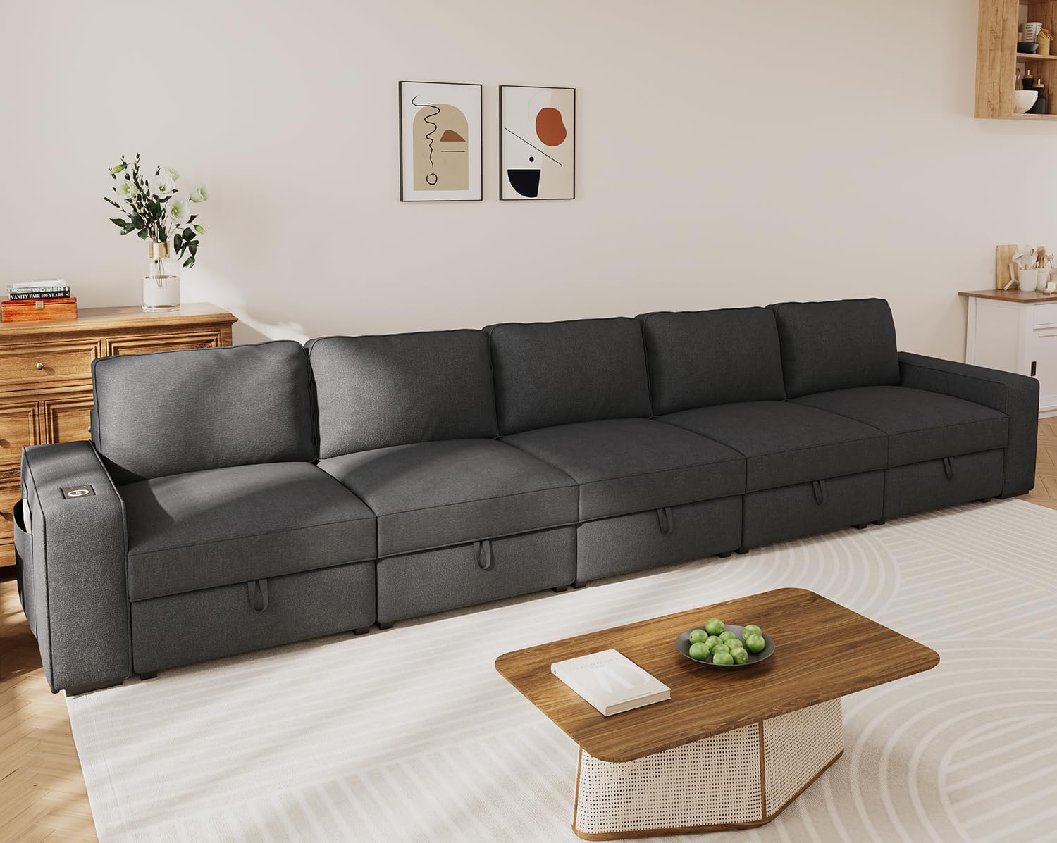 183" Modular Sectional Sofa with Storage Seat, Comfy 5-Seater Linen Couches with Wireless Charging/USB/Type-C for Living Room, Office, Apartment, Upholstered Deep Seat Couch (Dark Grey)
