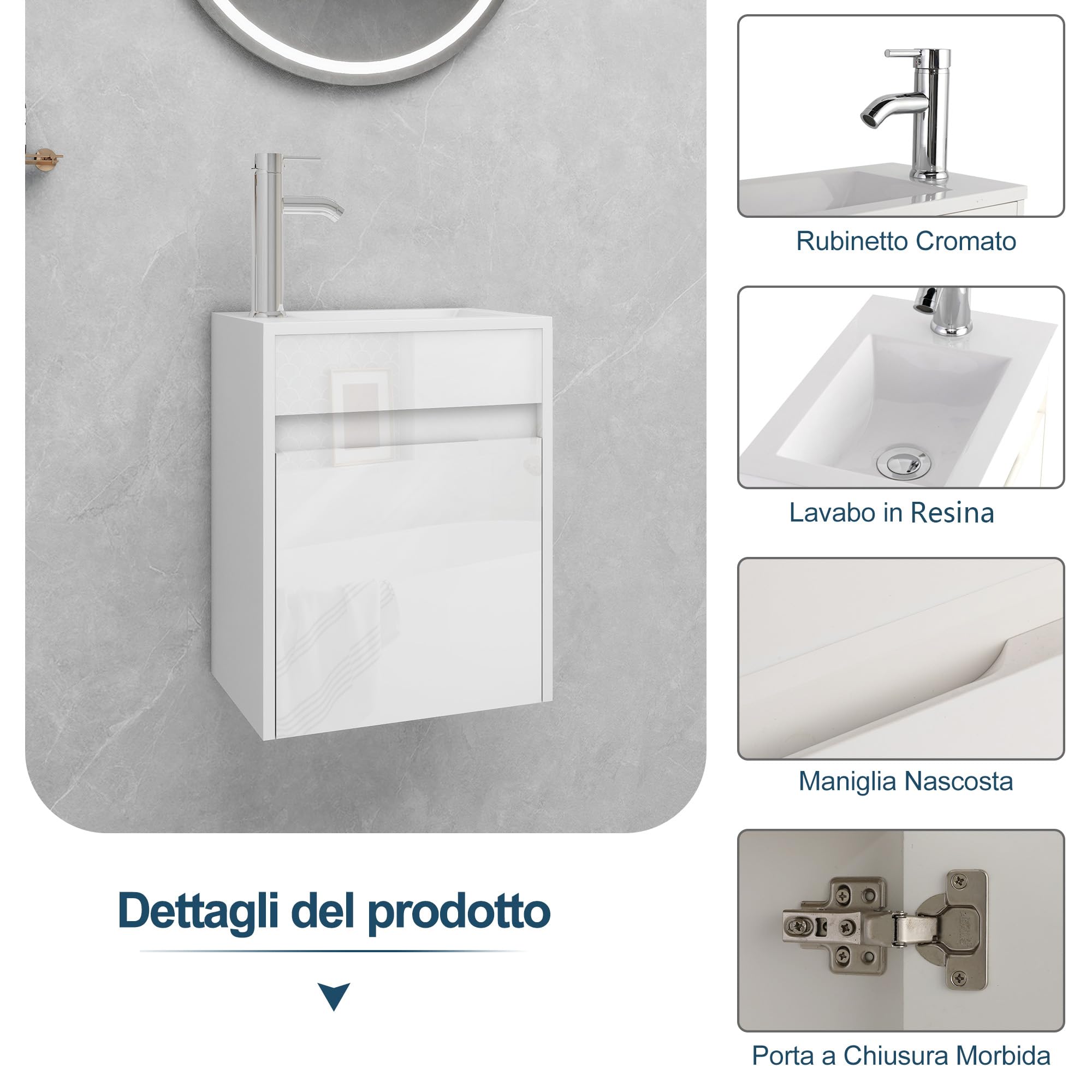 UEV Mobile Bagno con Lavabo in Resina, 41CM Mobili Bagno Salvaspazio Sospeso, Rubinetto Cromato a Risparmio Idrico e Scarico Pop Up, Piccolo, Bianca