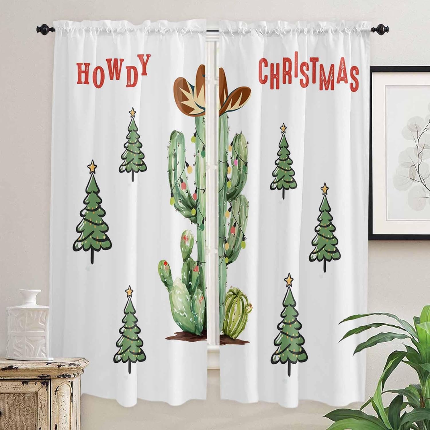 Tropical Christmas Window Curtains 72 Inch Long 2 Panel Set, Rod Pocket Long Curtains & Drapes, Xmas Trees Western Cowboy Cactus Light Filtering Window Treatment for Bedroom Living Room 52"W x 72"L