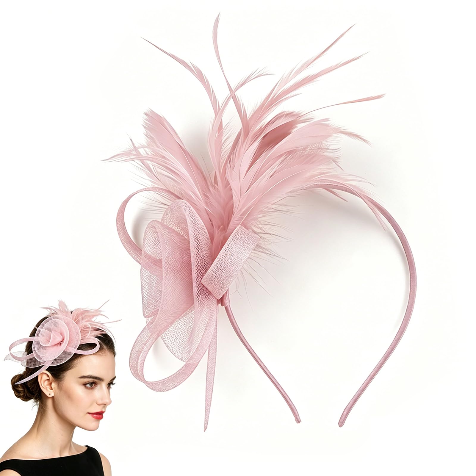 Chersun Women's Pink Fascinators For Elegant Net Fascinator Wedding Hat Clip, Vintage Lace Feather Fascinators For Weddings, Fascinator For Wedding Cocktail Evening Garden Tea Party (Pink)
