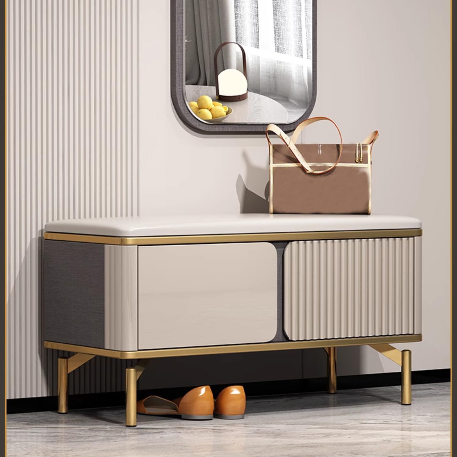 Banc d'entrée moderne avec rangement chaussures en similicuir et métal 100cm