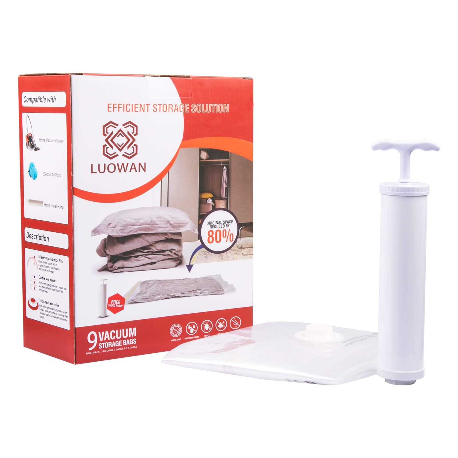 LUOWAN Vacuum Sealer Bags with Hand Pump, Pack of 9
