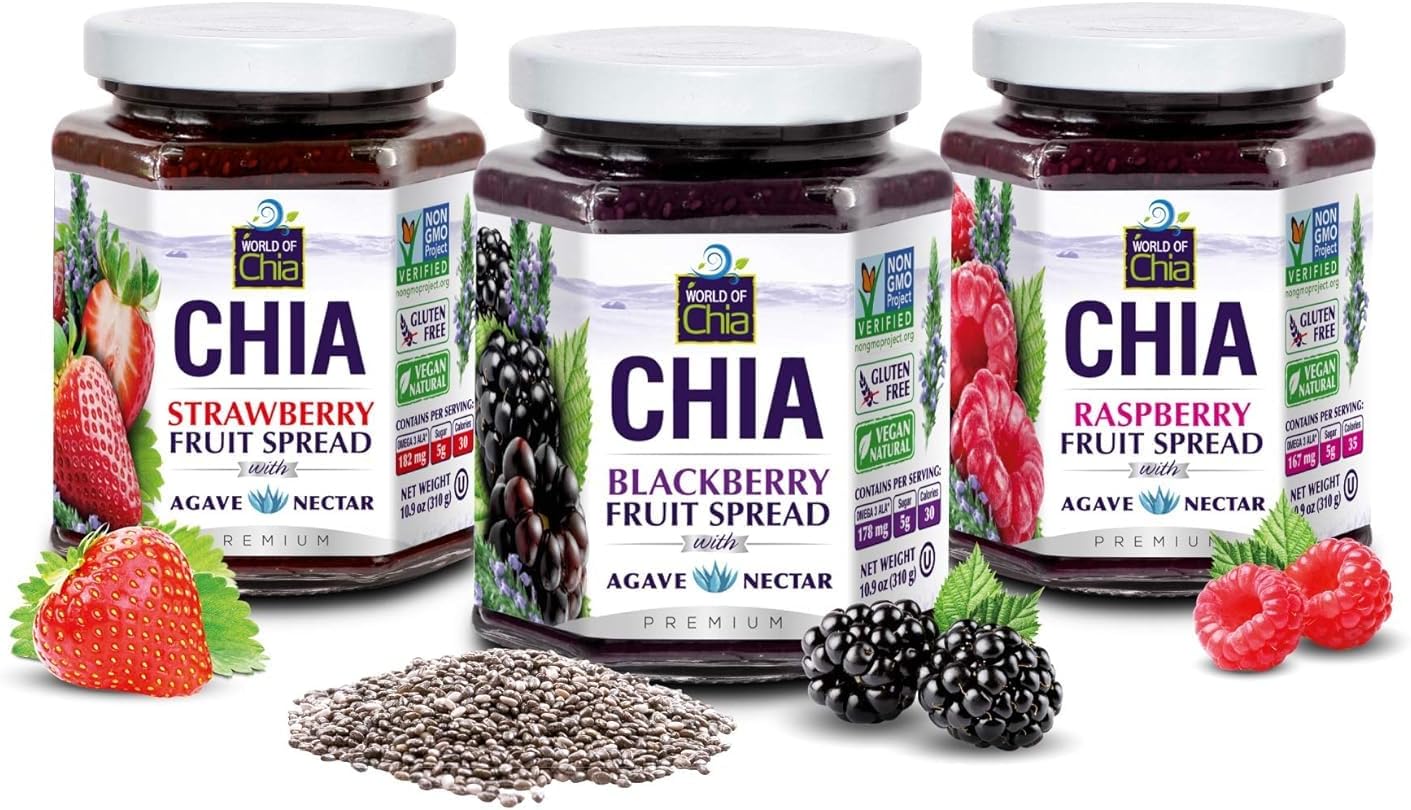 World of Chia Premium Chia Seeds Jam Variety Pack - Strawberry, Raspberry & Blackberry Jams and Preserves - All Natural, Plant Based Chia Jam, Gluten Free, Omega 3, Made in USA, Non GMO, Organic Ingredients, Additive Free, Low Sugar and Low Glycemic, Diabetic Friendly Fruit Spread - (10.9 oz, 310 g Jar) Pack of 3