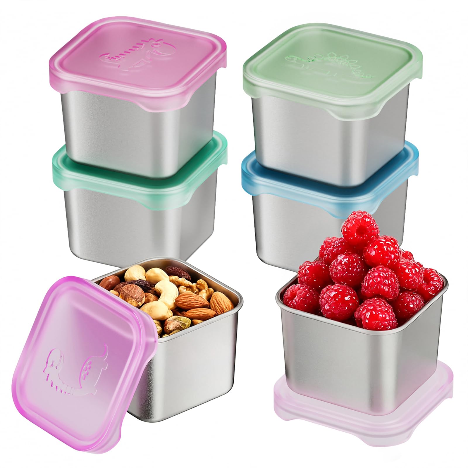 Tanjiae 6-Pack Small (6 oz) Stainless Steel Snack Containers for Kids, Easy-Open Toddler Snack Containers with Lids - Cute Dinosaur Small Stackable Metal Snack Box for Daycare, School, Travel