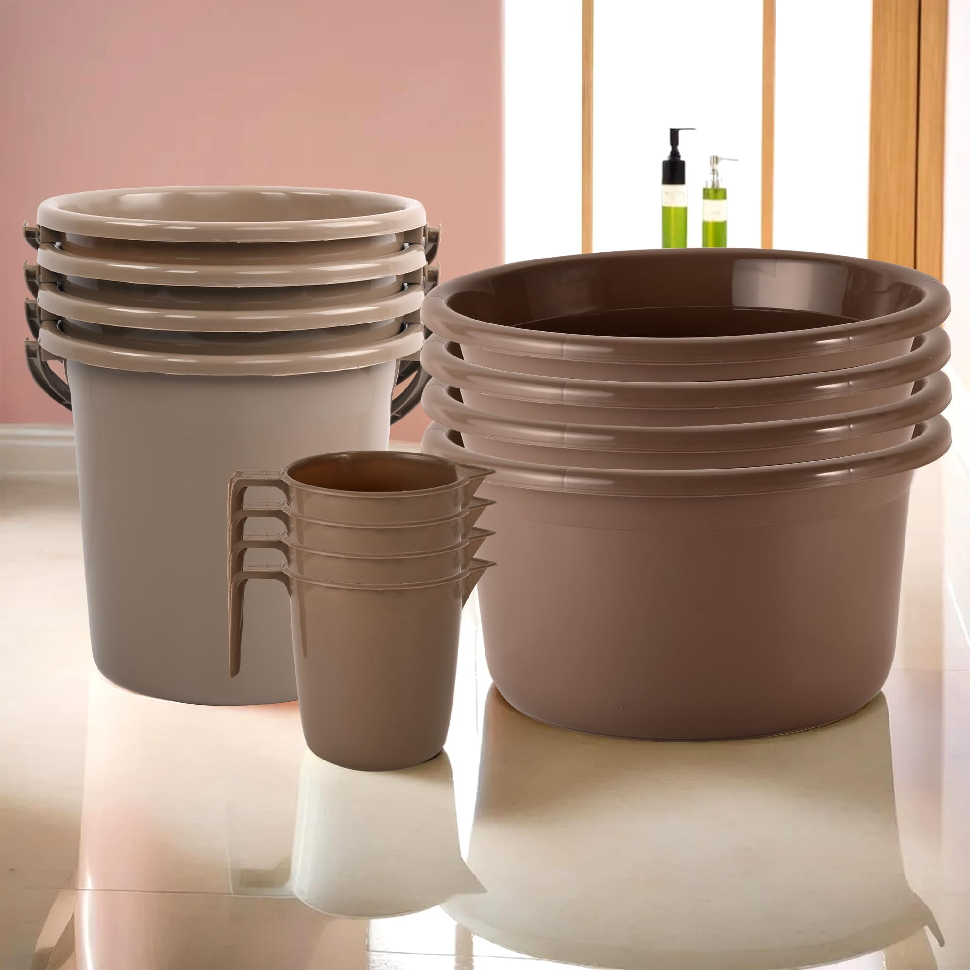 Kuber Industries Set of 12 Bathroom Combo Set | Bathing Set | Bathware Set | 4 Piece Tub-4 Piece Bucket & 4 Piece Mug Combo Set for Bathroom | Bathroom Accessories Set | Brown