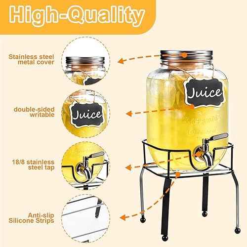 Miniatura 6 de Paquete de 2 dispensadores de bebidas de vidrio de 1 galón para fiestas, dispensador de bebidas con soporte, espita de acero inoxidable 304 a prueba