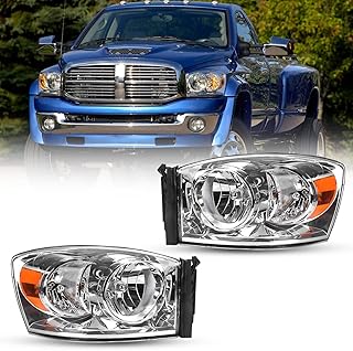 ROXX Headlight Assembly For 2006-2008 Dodge Ram 1500/2007-2009 Dodge Ram 2500 3500 Replacement Headlamp, Factory Style Projector Headlights, Chromed Housing, Amber Reflector, Left+Right Side