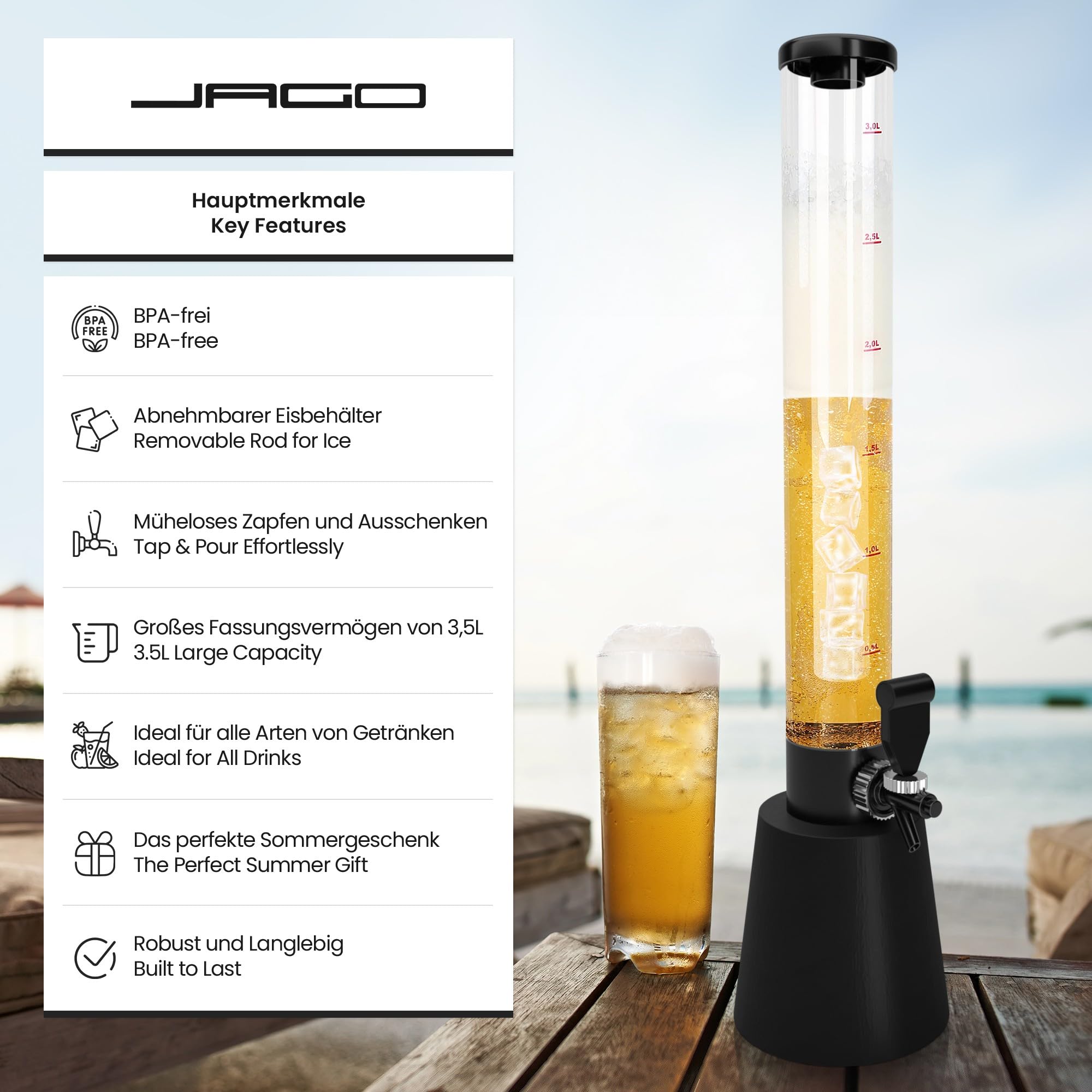 Jago® Distributore di Birra - Set da 3, capacità Massima 3,5 l, Altezza 90 cm, con Rubinetto e Tubo di Ghiaccio, in Plastica Senza BPA - Spillatore, Dispenser, Giraffa, Torre, Bevande