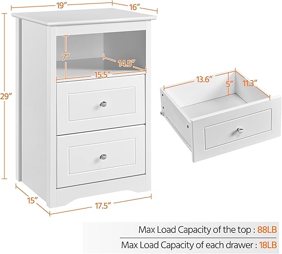 Yaheetech Bedside Table Set of 2, Tall Nightstand with 2 Drawer and Cubby, Wooden Cupboard for Bedroom Small Space, Bedside Cabinet Telephone Table, 16 D 19 W 29 H, White
