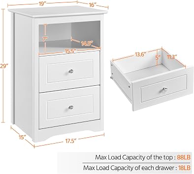Yaheetech Bedside Table Set of 2, Tall Nightstand with 2 Drawer and Cubby, Wooden Cupboard for Bedroom Small Space, Bedside Cabinet Telephone Table, 16 D 19 W 29 H, White