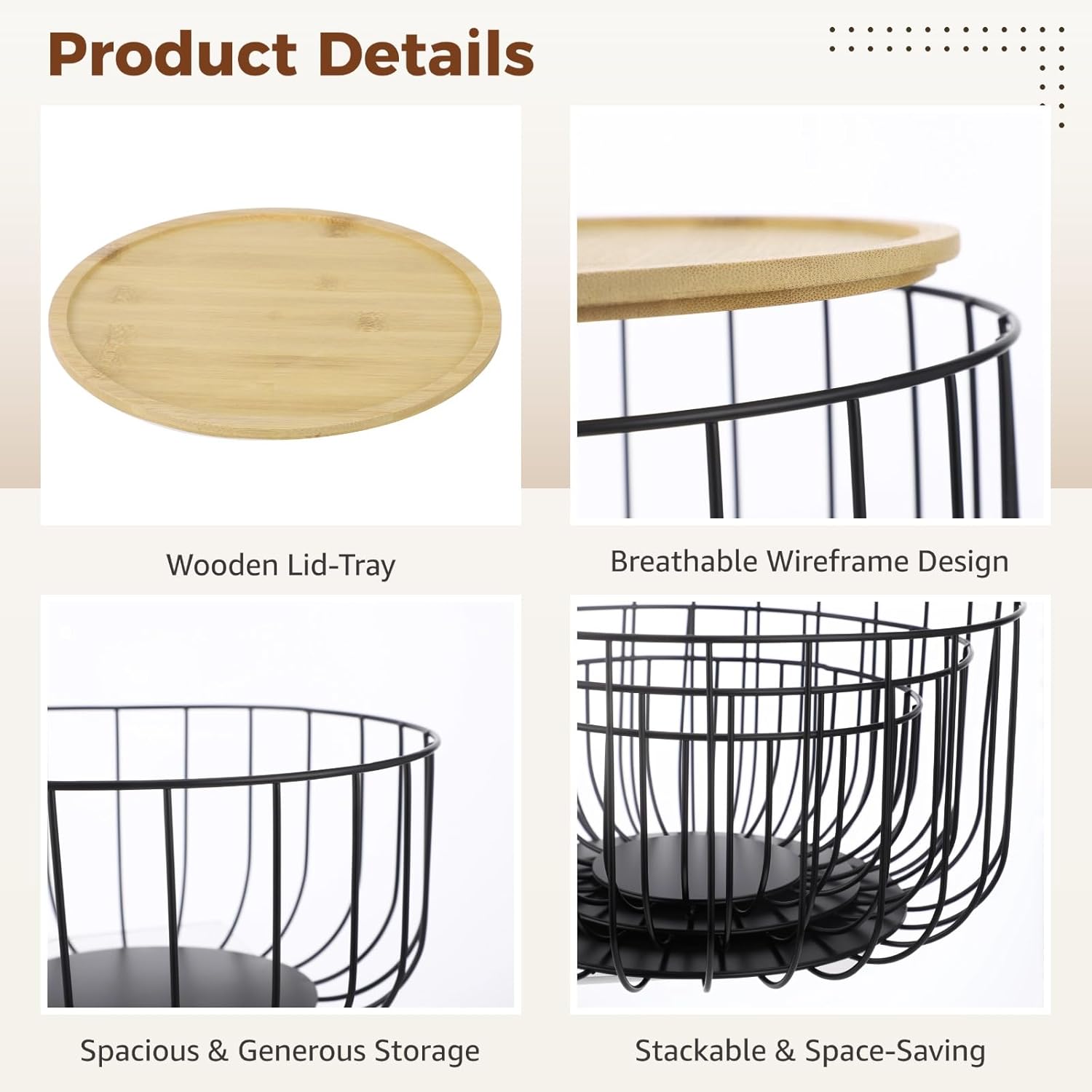 B bangcool 3Pcs Fruit Basket for Kitchen, Metal Wire Fruit & Vegetable Basket Set with Wood Lids, Stackable Organizer for Kitchen & Dining Table Centerpiece, Black Iron Round Storage Baskets